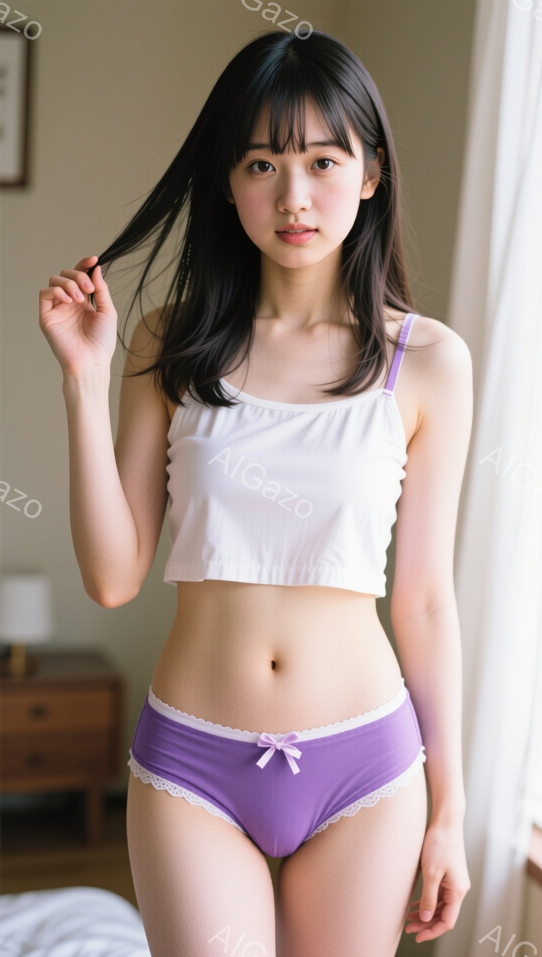 黒髪の女性が白いキャミソールと薄紫色のフリル付きショーツを身に着けて立っています。彼女は片手を頭の上に乗せて髪に触れており、穏やかな表情を浮かべています。背景には木製のチェストとベッドの一部が見え、柔 - AI生成フリー素材