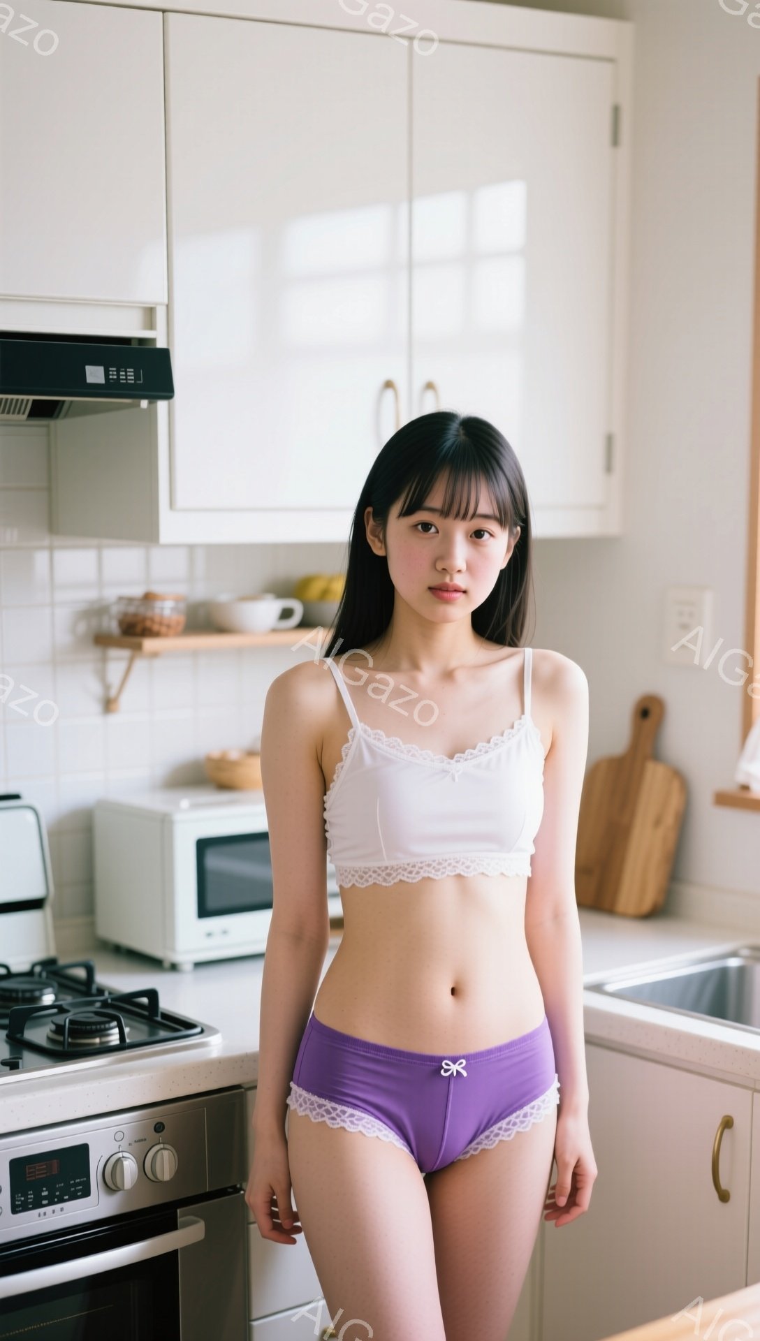 長い黒髪を肩まで伸ばした若い女性が、白いレースのブラと紫色のショーツ姿でキッチンに立っている。彼女はカメラの方をまっすぐ見て、少し控えめな微笑みを浮かべており、姿勢はまっすぐで自信に満ち溢れている。背景は清潔感のあるキッチンで、ガスコンロ、電子レンジ、シンクなどが見え、全体的に明るく穏やかな雰囲気である。