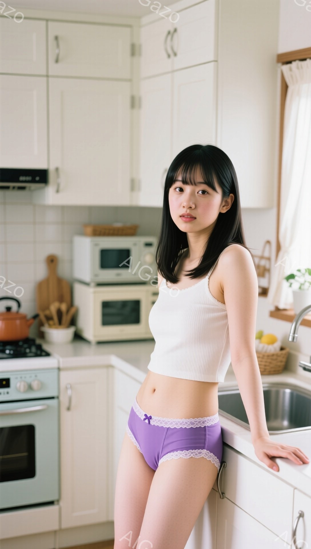 黒髪の女性が、白いタンクトップと薄紫色のフリル付きパンツを身につけてキッチンに立っています。彼女は少し微笑み、片手をキッチンのカウンターに置き、リラックスした姿勢でカメラを見ています。背景には、オフホワイトのキャビネット、電子レンジ、ガスコンロ、そしてバスケットに入ったレモンが見え、温かみのある家庭的な雰囲気を醸し出しています。