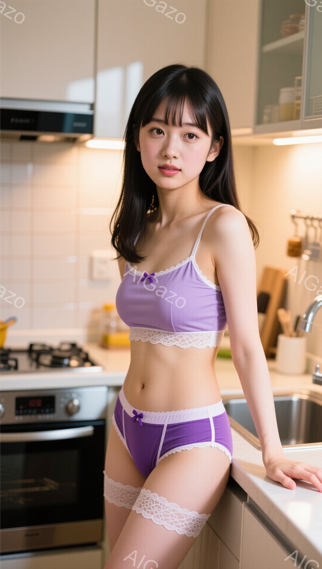 明るいキッチンを背景に、紫色のレースのトリムが施されたブラとショーツを身に着けた若い女性が立っている。彼女は長い黒髪を肩にかけ、穏やかな表情でカメラを見つめている。キッチンにはガスコンロ、シンク、食器 - AI生成フリー素材
