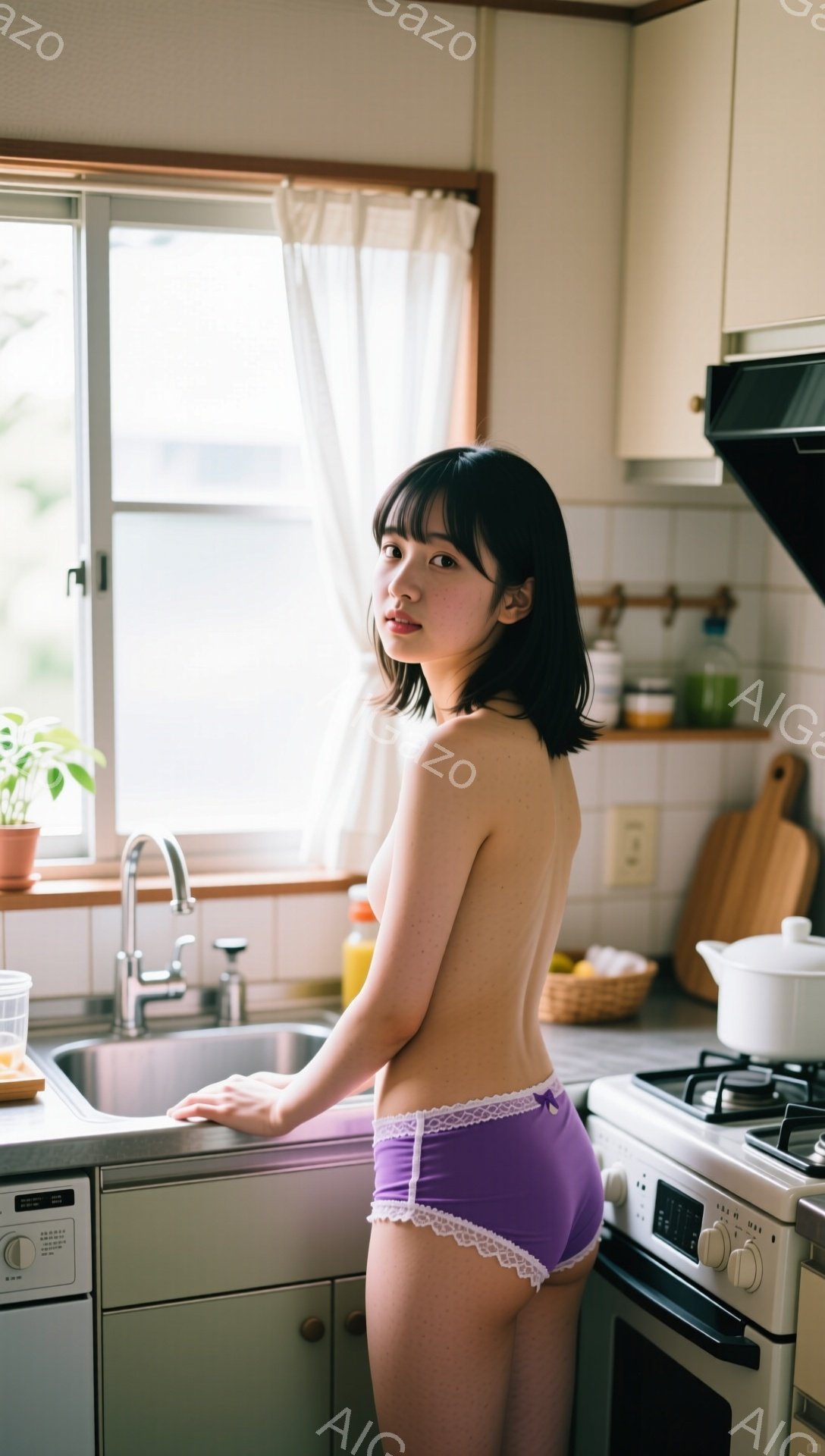 暗い髪の女性がキッチンで立っており、紫色のレースのパンティーを身に着けています。彼女は少し振り返ってカメラを見ており、表情は穏やかで少し挑発的です。背景にはシンク、コンロ、カーテン、そしてキッチン用品が見え、家庭的な雰囲気を感じさせます。