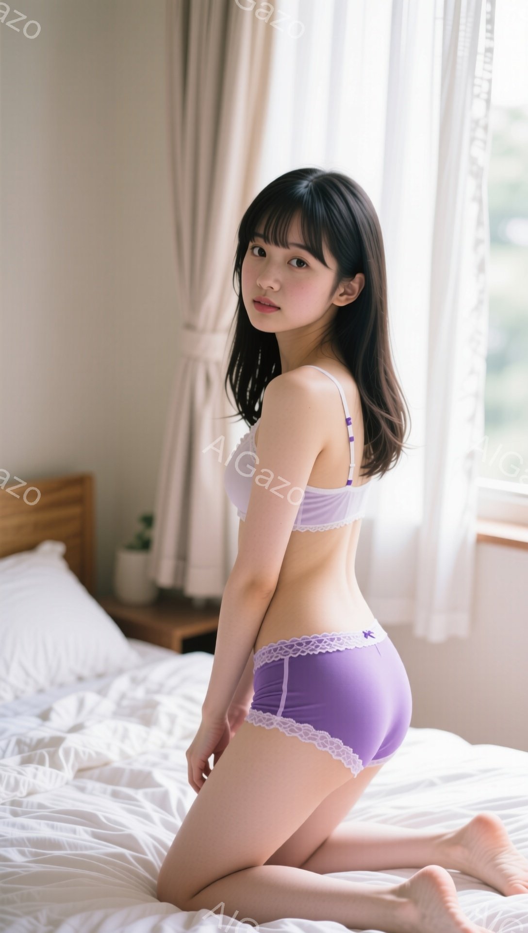 長い黒髪に前髪を合わせた若い女性が、紫色の下着と白いブラトップを着て、ベッドの上に膝をついてポーズをとっています。彼女は少し微笑んでいて、横を向いており、リラックスした雰囲気が漂っています。背景には窓があり、自然光が差し込み、ベッドサイドテーブルとシンプルな内装が見えます。