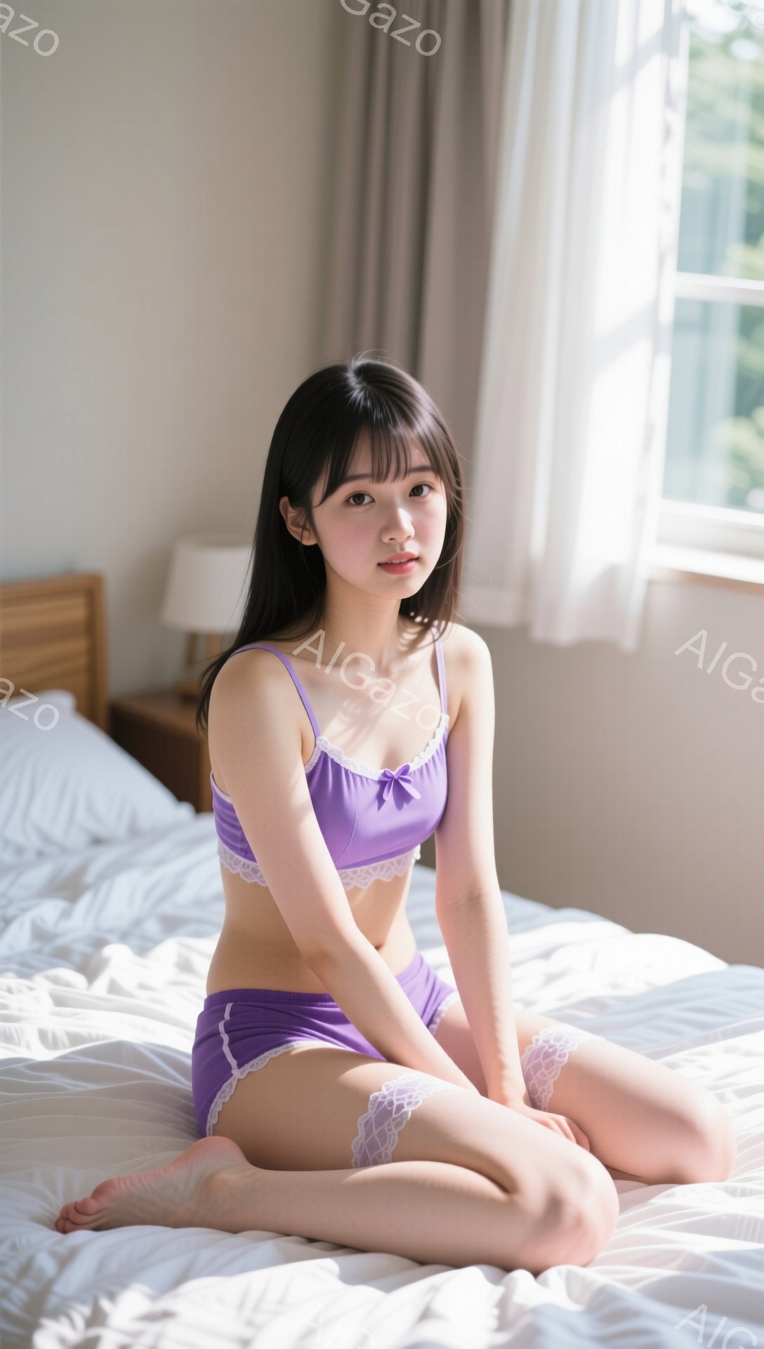 紫色のブラとショーツを身につけた若い女性が、白いベッドの上に座っています。彼女は黒髪で、前髪が目にかかるようにカットされ、少し微笑んでいます。背景には、窓から差し込む光と、ぼんやりと見える家具が見え、 - AI生成フリー素材