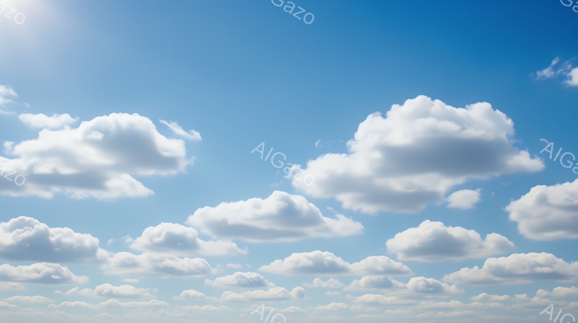 鮮やかな青空に、ふわふわとした白い雲が広がり、まるで綿菓子のような優しい印象を与えます。雲は様々な形をしており、太陽の光を浴びて明るく輝いています。穏やかで平和な、夏の日の空の風景です。 - AI生成フリー素材