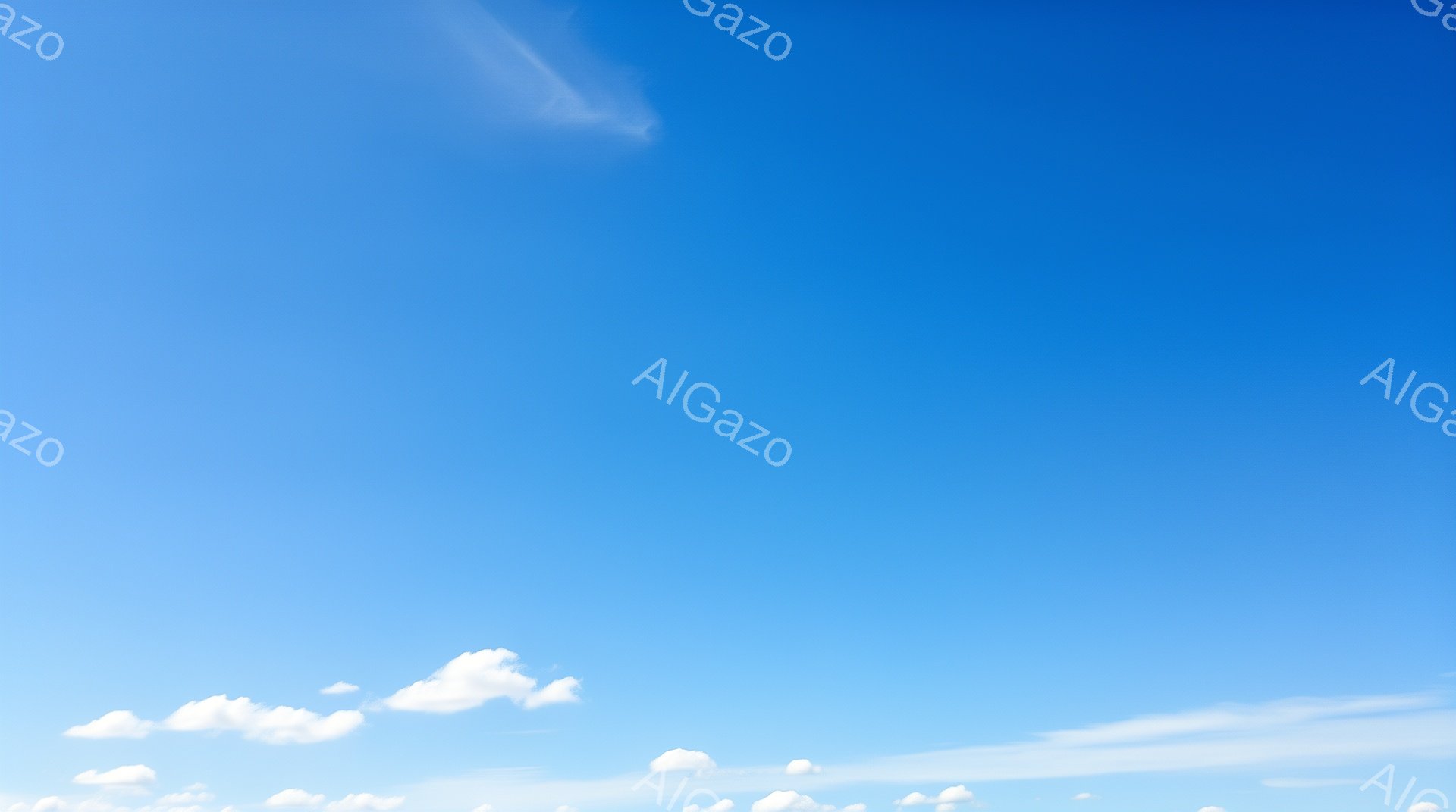 鮮やかな青空に、白い雲がふわふわと漂っている。雲は、小さな綿菓子のように形を変えながら、空全体に散らばっている様子が伺える。全体的に晴れ渡った、穏やかで平和な雰囲気を感じさせる。