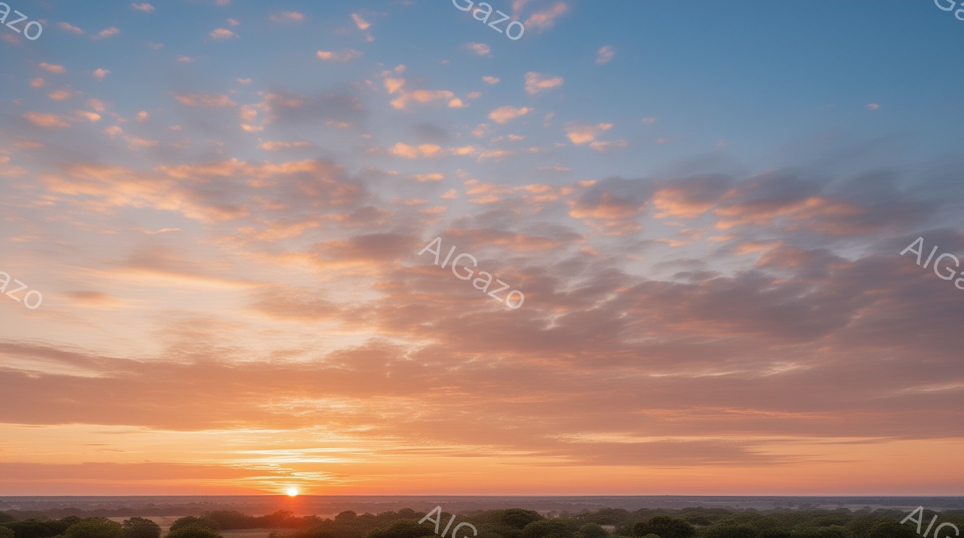広大な夕焼け空が印象的な風景です。オレンジとピンクのグラデーションが雲を照らし、地平線近くでは太陽が輝いています。緑豊かな木々が下の景色を彩り、穏やかで幻想的な雰囲気を醸し出しています。 - AI生成フリー素材