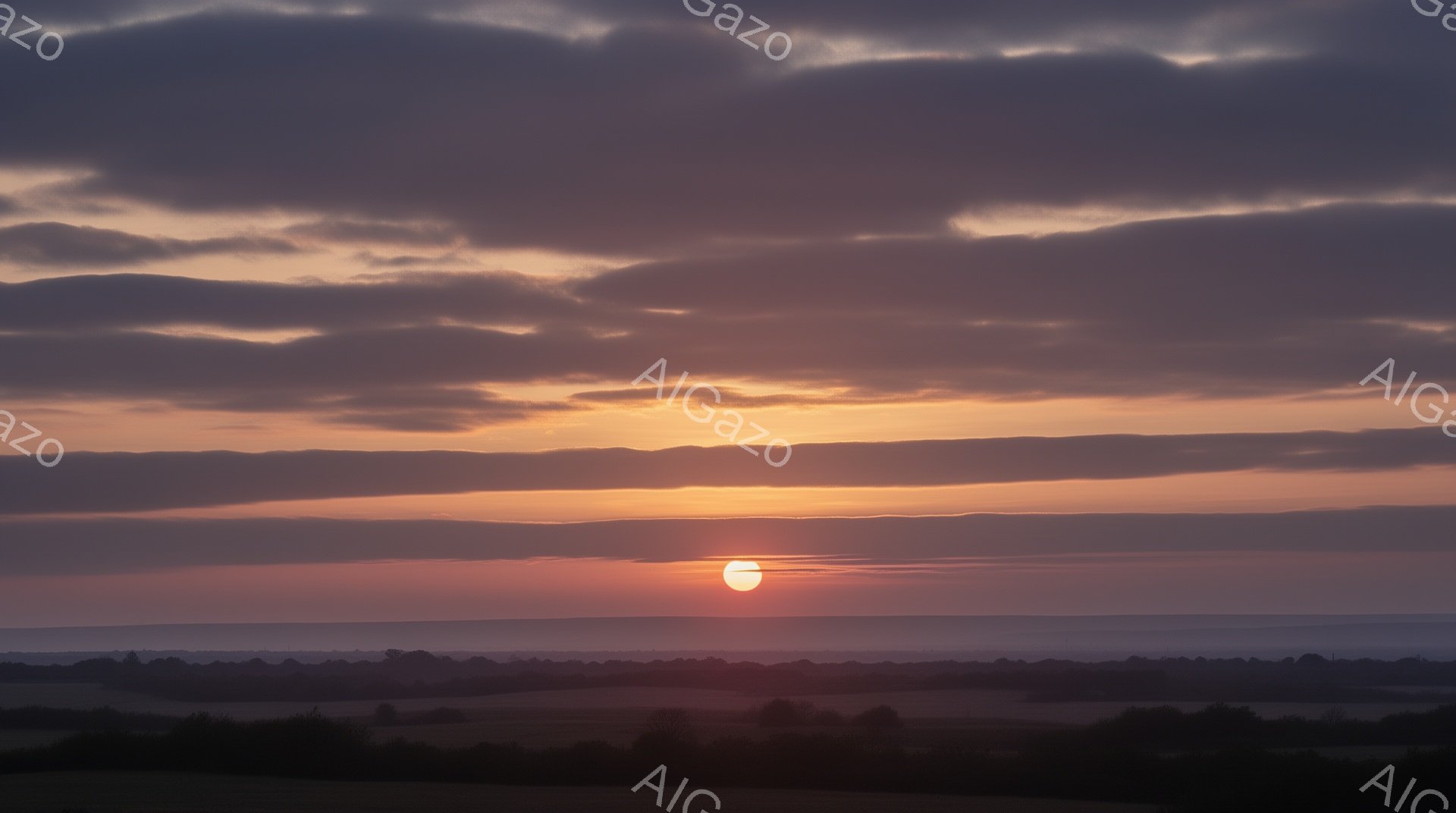 オレンジ色の夕日が、低い地平線の上に浮かび上がり、空一面を鮮やかな色彩で染め上げている。雲は層状に広がり、夕焼けのオレンジ色と紫色のグラデーションが美しいコントラストを生み出している。地平線には、ぼんやりとした地形が見え、静かで穏やかな雰囲気を醸し出している。