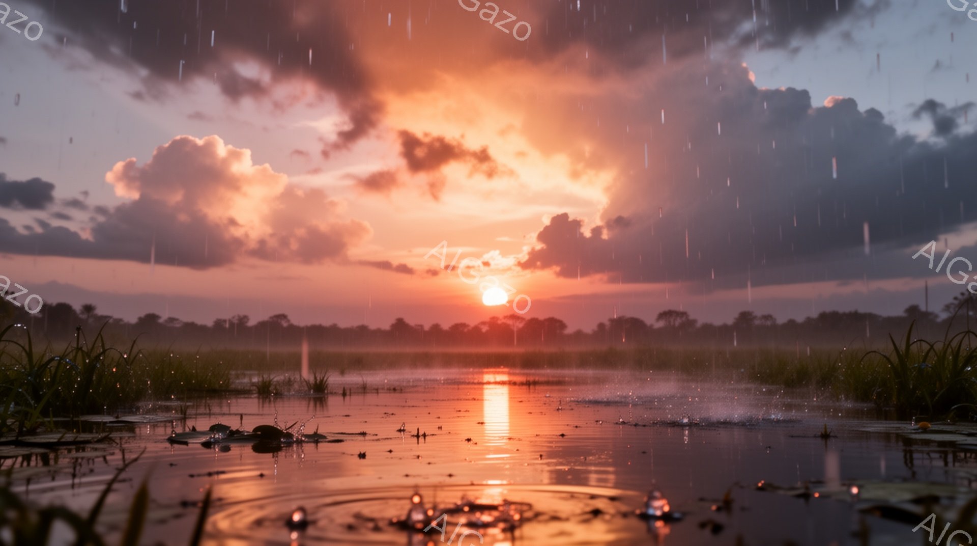 夕焼けが水面に反射し、オレンジと赤の鮮やかなグラデーションが広がっている。水面には雨粒が落ち、波紋が広がり、湿地帯の植物がシルエットとなって浮かび上がっている。全体的に、静寂で幻想的な雰囲気が漂い、自然の美しさを際立たせている。