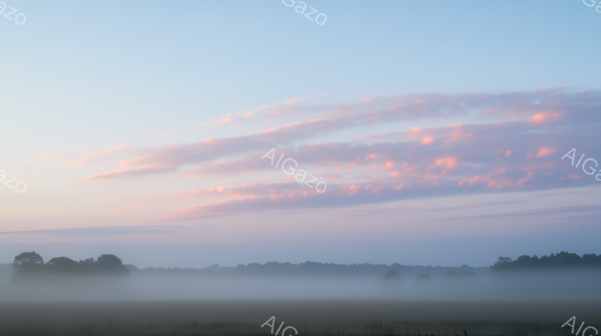 広大な草原が朝霧に包まれ、遠くには緑の木々のシルエットがぼんやりと見える。空は淡いピンク色から水色へとグラデーションを描き、雲が夕焼けのような温かい光を放っている。全体的に穏やかで静謐な雰囲気が漂い、まるで夢の中にいるような感覚を覚える。