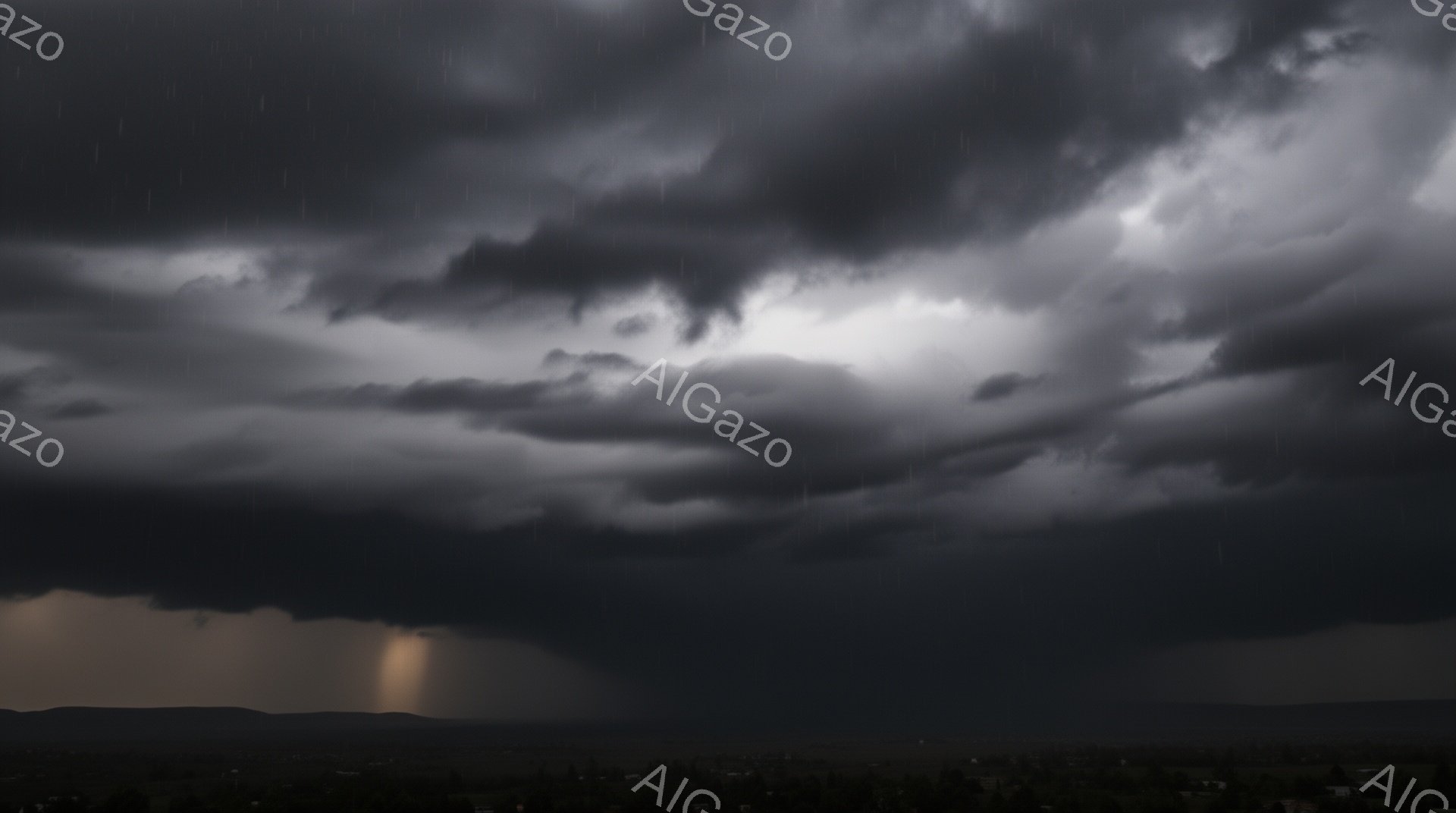 濃い雨雲が空を覆い、まるで世界が暗闇に包まれようとしているような様子だ。遠くの丘陵地帯には街の灯りがわずかに見え、激しい雨と稲妻がその暗さを際立たせている。全体的に、嵐の猛威と自然の脅威を感じさせる、不穏でドラマチックな雰囲気である。
