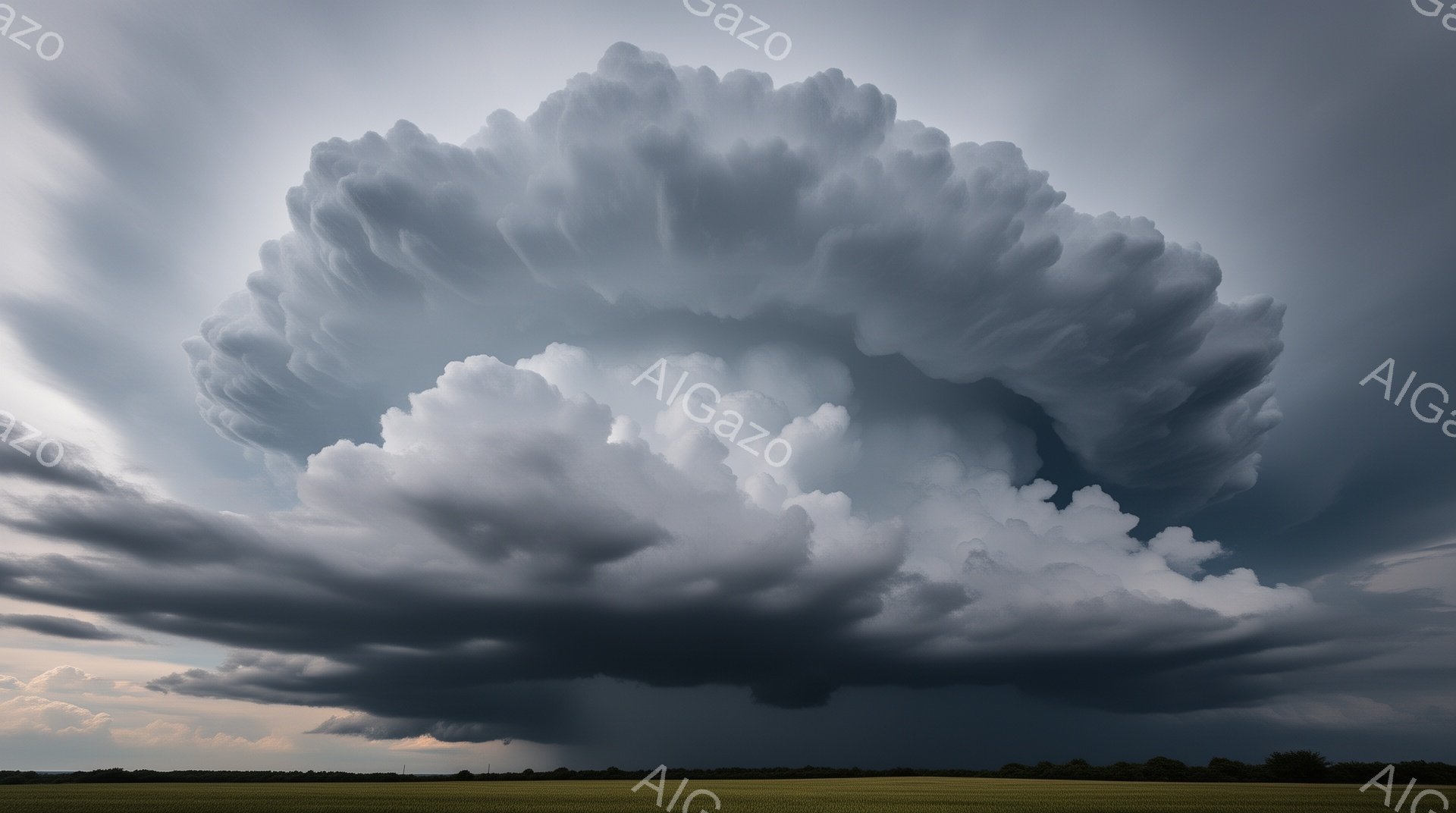 広大な緑の平野の上に、巨大な積乱雲がそびえ立っている。雲はまるで波のようにうねり、暗い影が大地を覆っている。全体的に重厚で不穏な雰囲気が漂い、激しい嵐の前兆を感じさせる。