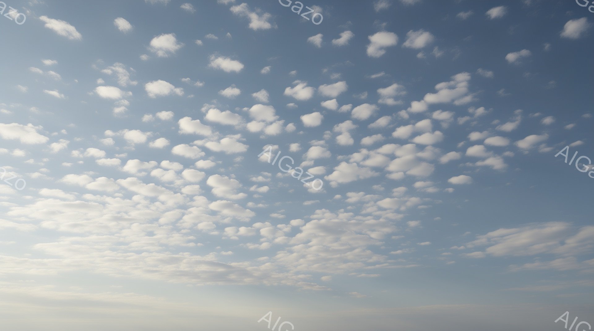 広大な空に、まるで羊雲のような白い小さな雲が密集して浮かんでいます。空の色は薄い水色から徐々に濃い青へと変化し、穏やかで平和な雰囲気を醸し出しています。地平線付近は霞んでおり、遠くの景色をぼんやりと示唆しています。