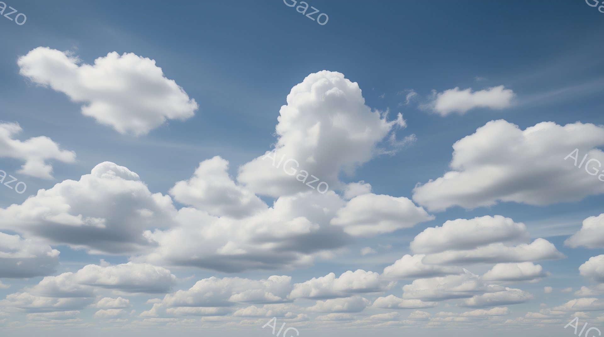 鮮やかな青空に、ふわふわとした白い雲が広がり、まるで綿菓子のようです。雲は様々な形をしており、一部は高くそびえ立ち、他の雲は水平に広がっています。穏やかで晴れた日の、爽やかな空模様が表現されています。