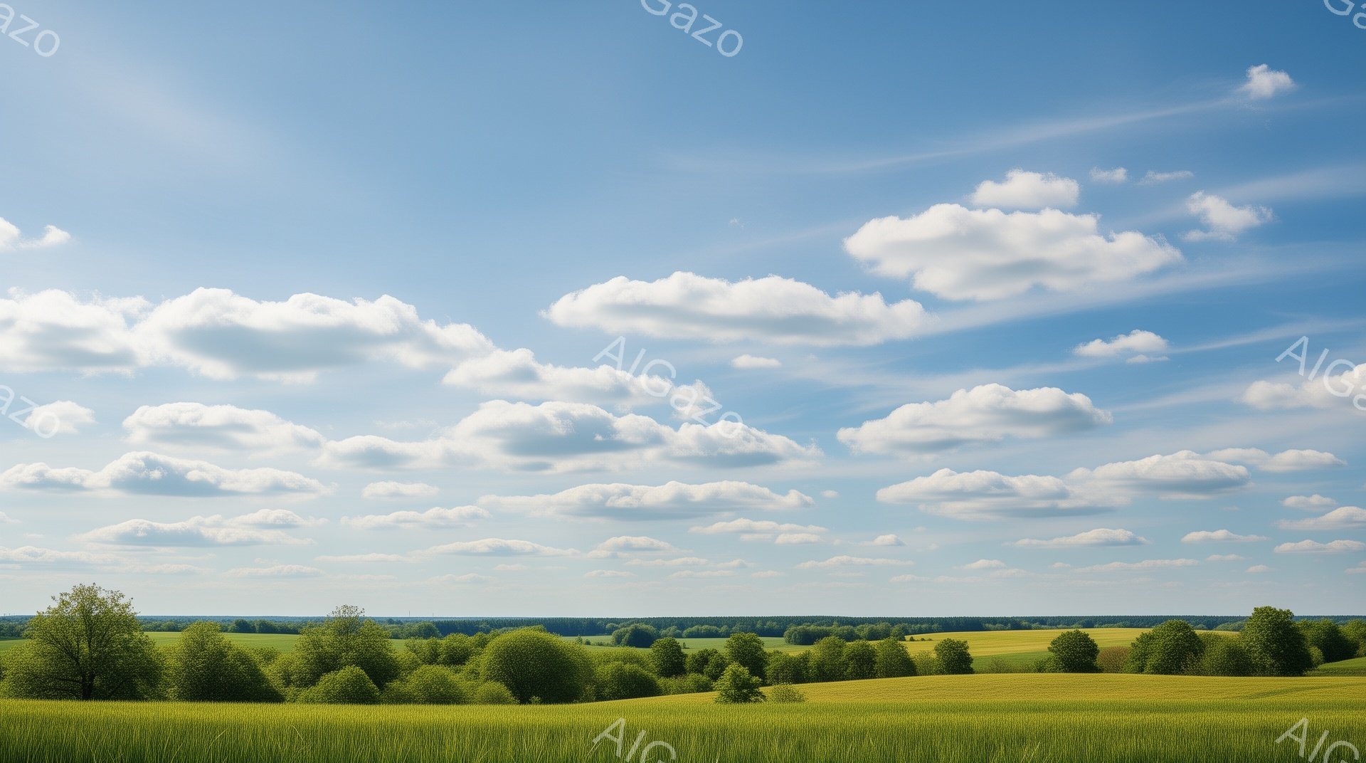 広大な緑の草原が広がり、その奥には木々が生い茂る丘陵地帯が連なっている。青い空には白い雲がもくもくと浮かび、太陽の光が降り注いでいる。全体的に穏やかで、のどかな田園風景が表現されている。