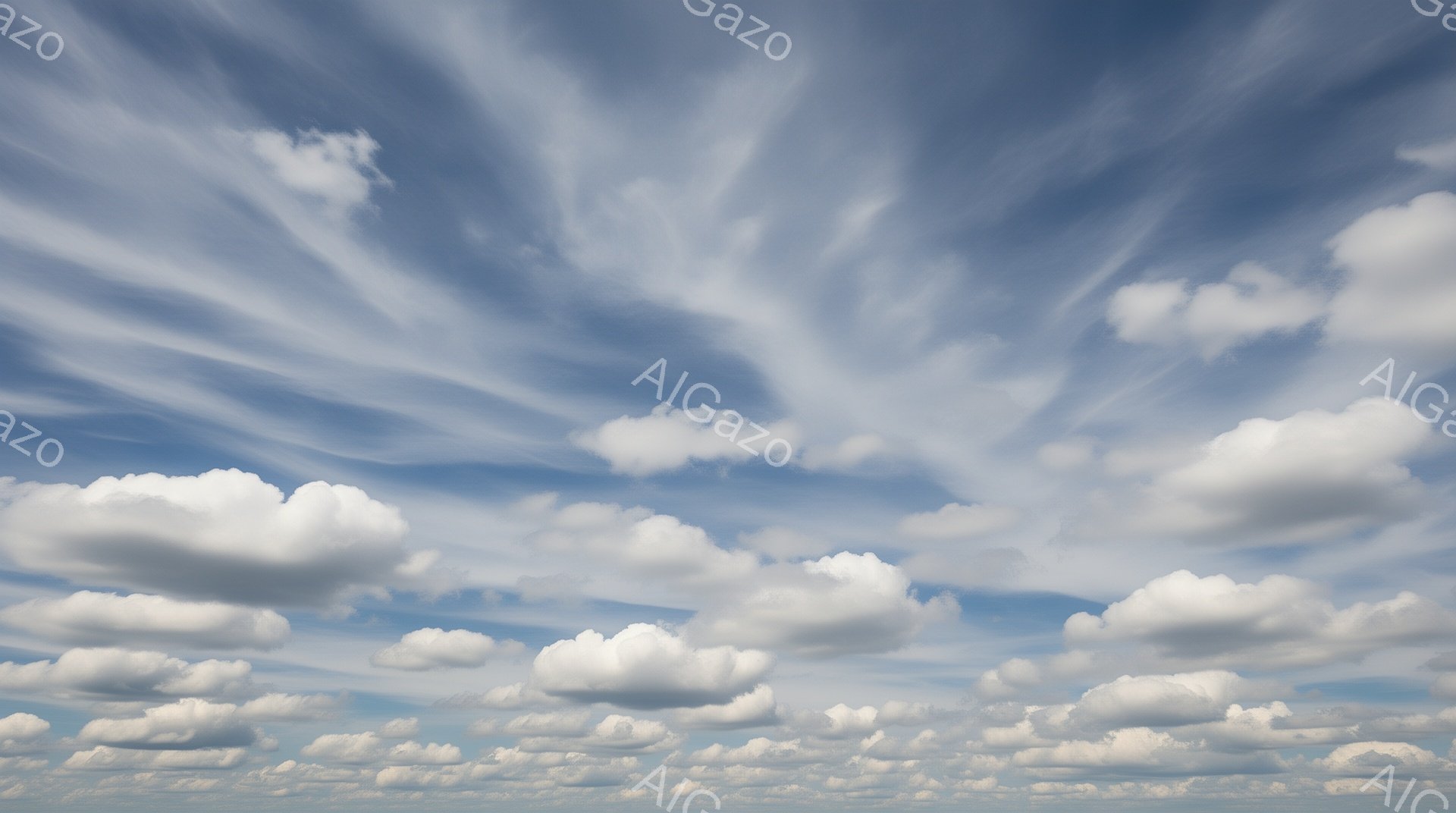 広大な青空に、白い雲がふわふわと漂っています。雲はまるで羽毛のように軽く、空全体に広がり、まるで絵画のような美しい景観を作り出しています。穏やかで平和な雰囲気で、心が安らぎます。 - AI生成フリー素材