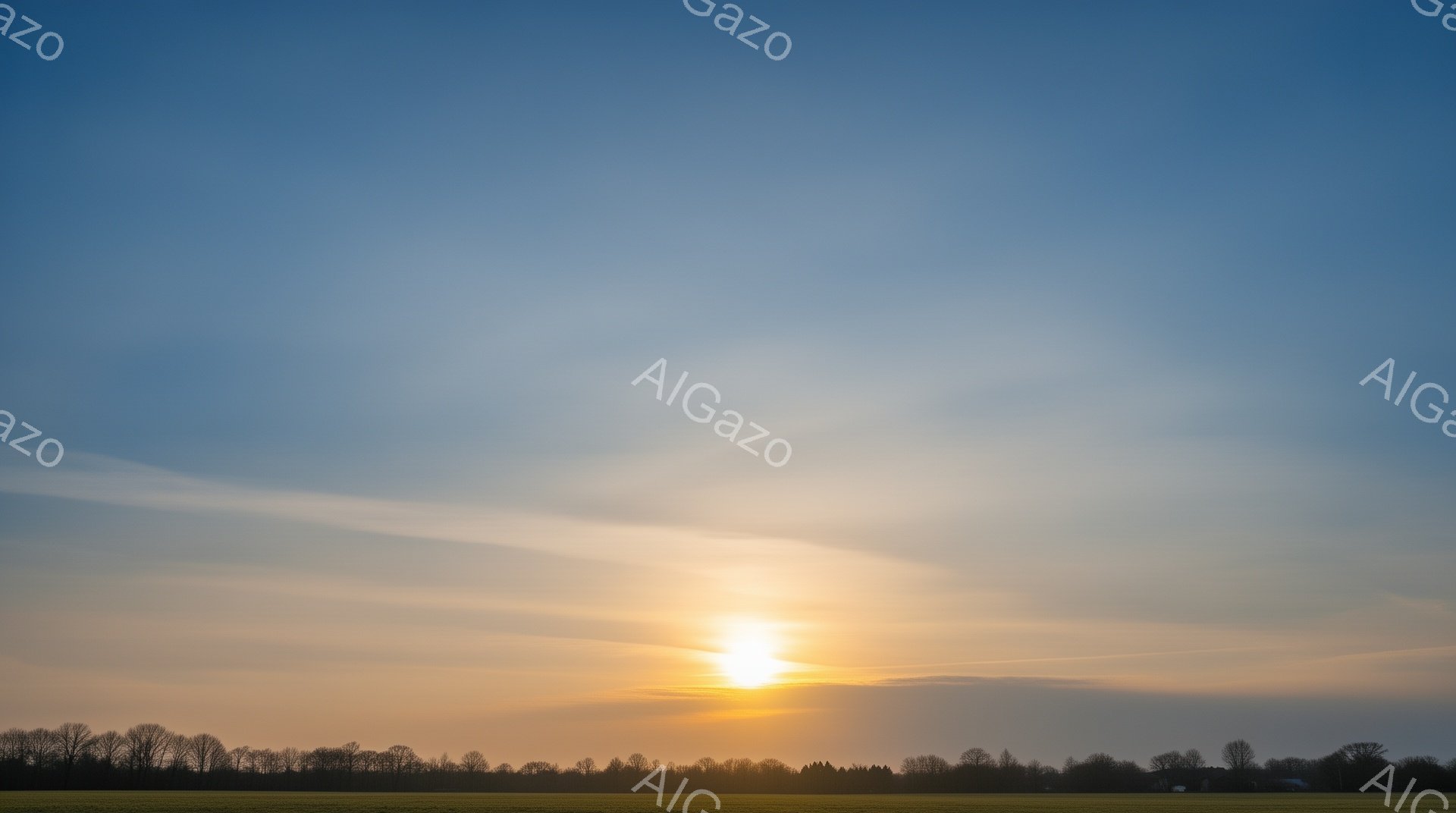 地平線近くで輝く太陽が印象的な風景です。手前に広がる緑の野原と、背後に続く木々のシルエットが、穏やかで静謐な雰囲気を醸し出しています。空はオレンジ色から青色へとグラデーションを描き、夕暮れ時の暖かさと - AI生成フリー素材