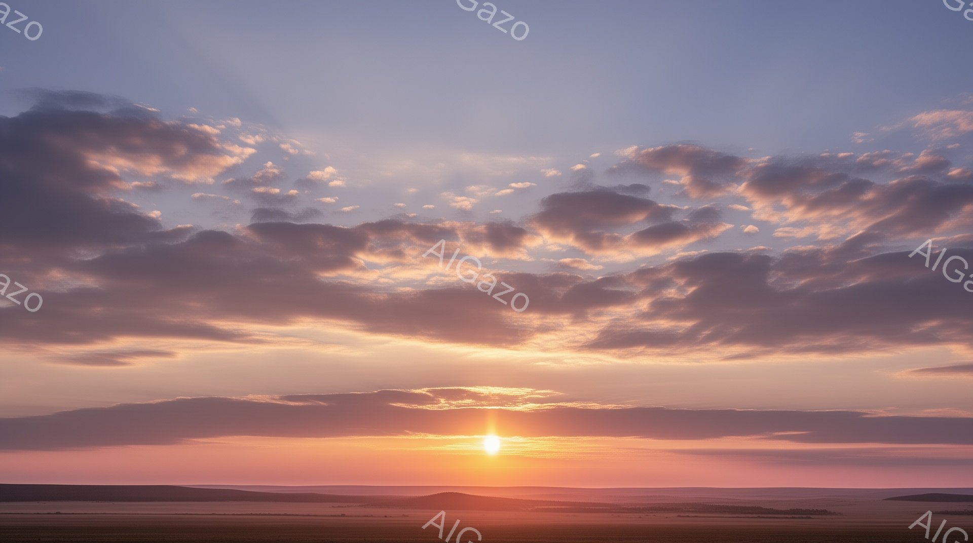 太陽が地平線から昇る壮大な風景が広がっている。空はオレンジ、ピンク、紫の色合いが混ざり合い、雲が特徴的な波状を描いている。広大な草原が地平線を縁取り、穏やかで希望に満ちた雰囲気を醸し出している。