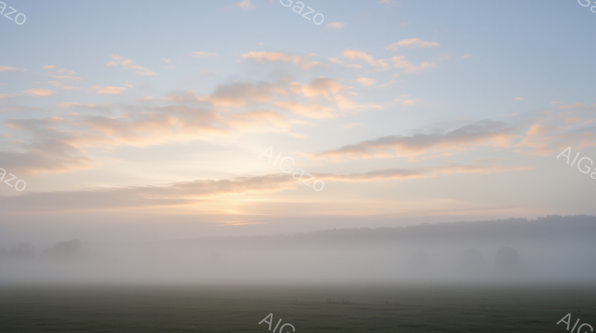 穏やかな朝焼けが、霧に包まれた牧草地を照らしている。地平線には薄く森林が広がり、空にはオレンジとピンクが混ざり合った雲が広がり、静寂で幻想的な雰囲気を醸し出している。霧が牧草地を覆い、遠くの景色をぼやけさせて、神秘的な空間を作り出している。