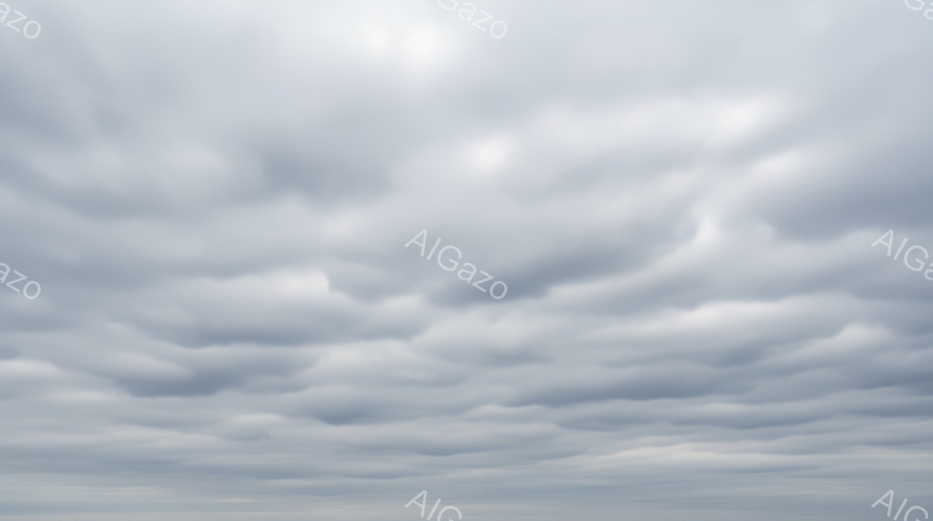 空全体がうねるような雲で覆われています。雲は厚く、暗い灰色をしており、光が雲の隙間からわずかに差し込んでいます。雲の配置は、まるで海の波のような規則的なパターンを描き、重厚で少し不気味な雰囲気を醸し出しています。