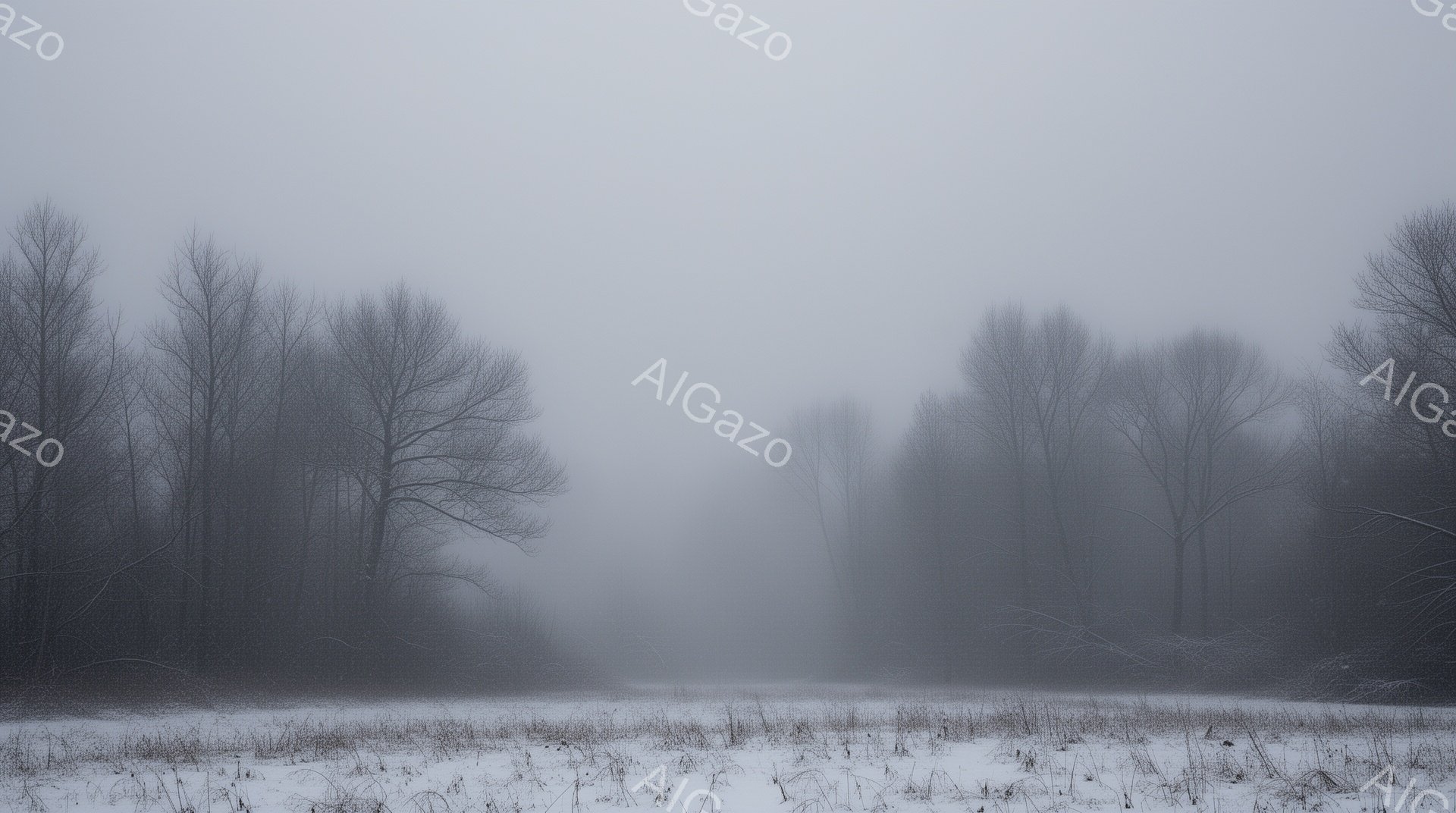 灰色の空の下、霜や雪で覆われた広大な草原が広がり、遠くには霧の中にシルエットで樹木が見える。木々は葉を落とし、冬の寒さを物語る素朴な風景だ。全体的に静寂で陰鬱な雰囲気が漂い、侘しさを感じさせる。