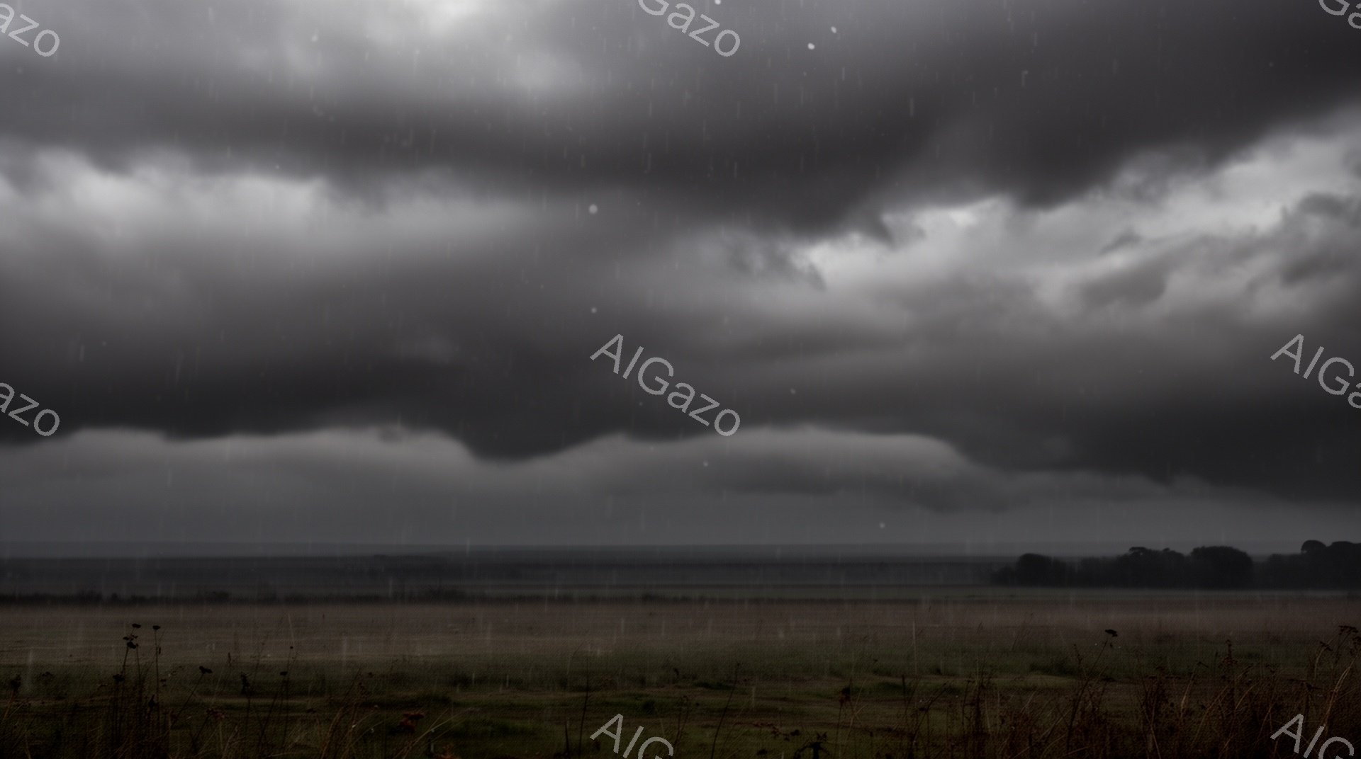 雲が厚く空一面を覆い、荒野の風景が広がっている。緑色の草地と茶色の枯れた植物が広がり、遠くには木のラインが見えるが、全体的に薄暗く、雨が降っているような雰囲気が漂っている。重厚な雲と広大な風景が、静かで陰鬱な雰囲気を醸し出している。