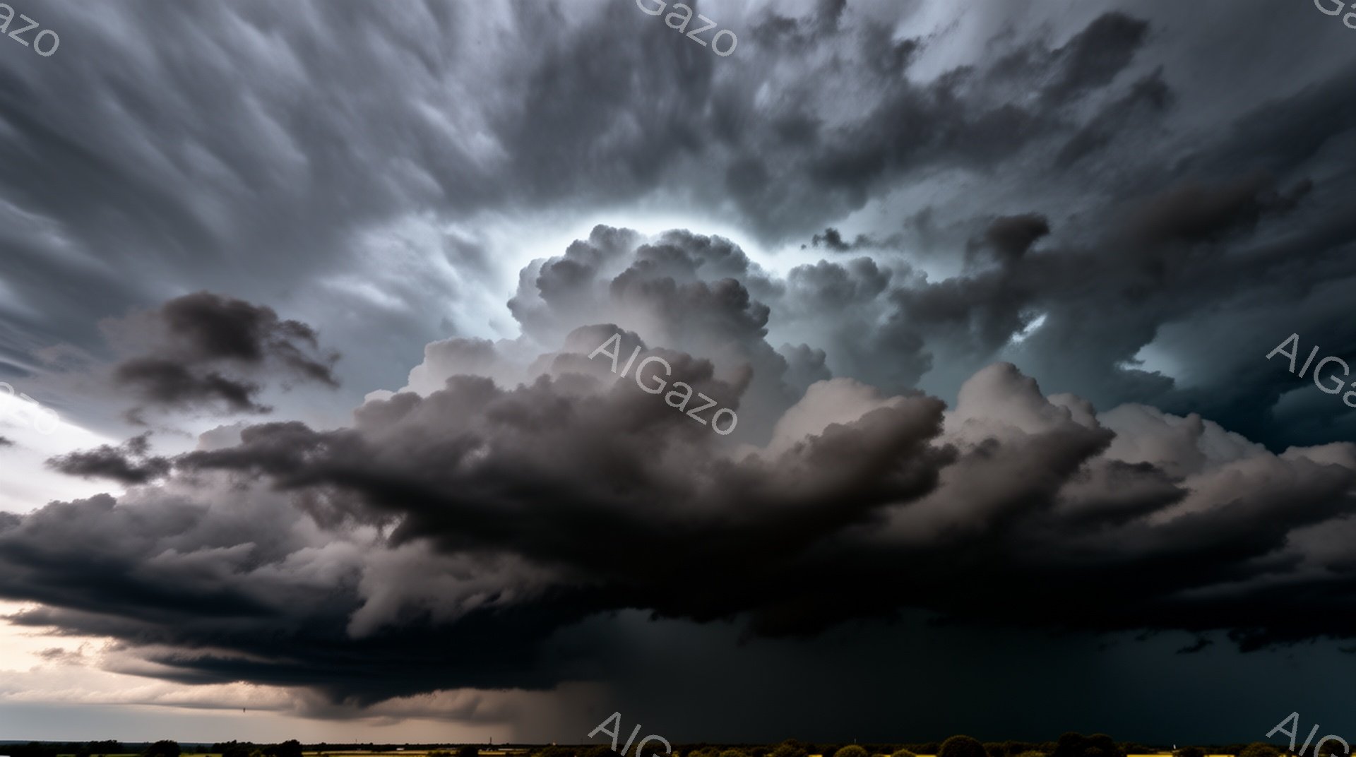 厚い暗雲が空一面を覆い、重々しい雰囲気を醸し出しています。地平線にはぼんやりと緑の平野と、その先に細いシルエットの建物が見え、雲の暗さと対照をなしています。雲の形はまるで巨大な獣のようであり、嵐の訪れを予感させる、力強くドラマチックな光景です。
