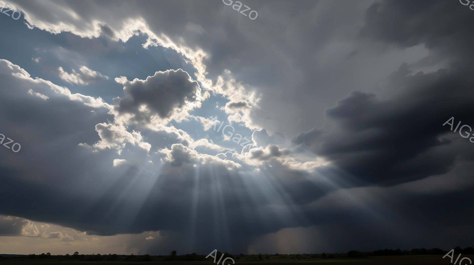 劇的な雲の風景が広がっており、厚い暗雲の中に強い光線が差し込んでいる。地平線には緑の草原と、点在する木々や小さな建物が見え、天候は嵐の後のような静けさを感じさせる。 全体的に、荘厳で力強い自然の光景が印象的だ。