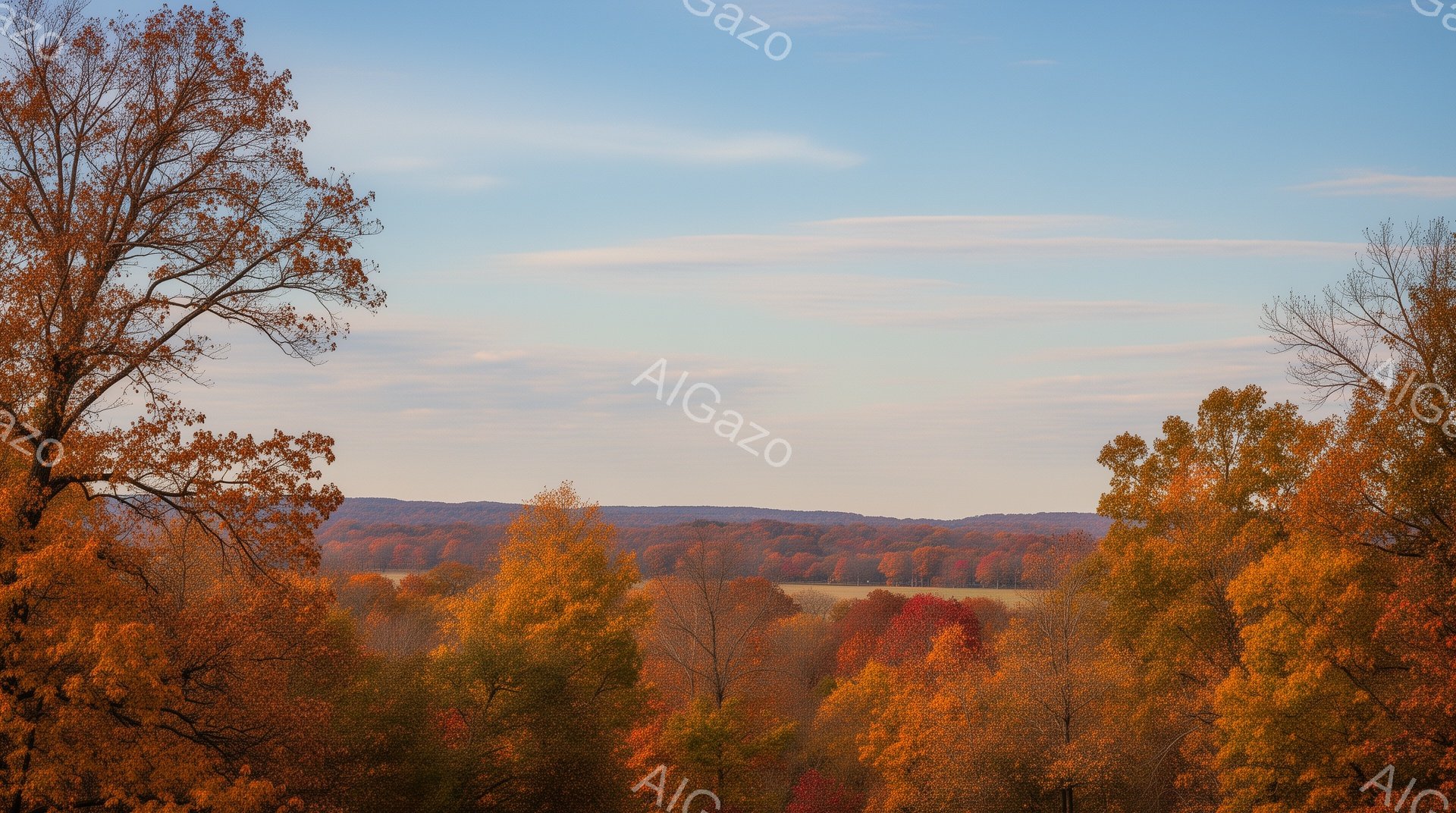 秋の鮮やかな紅葉が広がる風景で、遠くには緩やかな丘陵が見える。空は薄い青色からオレンジ色へとグラデーションを描き、穏やかな夕暮れ時を表現している。手前の木々は赤、オレンジ、黄色といった秋色に染まり、奥行きのある美しい景観を作り出している。