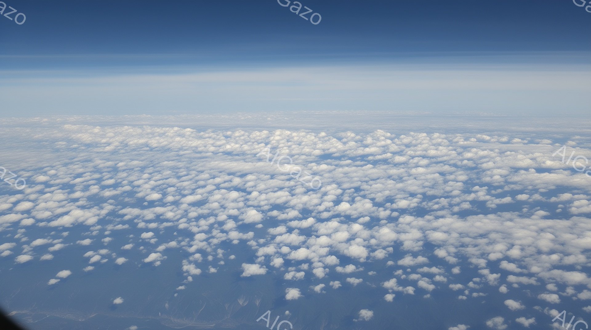 広大な空から見下ろした景色で、まるで白い綿菓子のような小さな雲が地平線まで広がっている。下には、緑と茶色の陸地が雲間からわずかに覗き、海岸線の一部が確認できる。全体的に、澄んだ青空と白い雲のコントラストが、平和で穏やかな雰囲気を醸し出している。