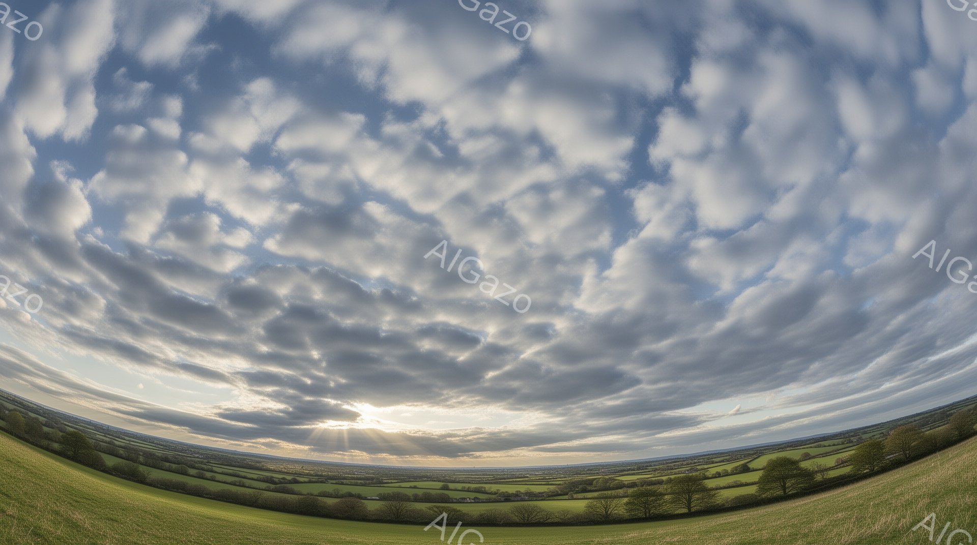 穏やかな丘陵地帯が広がり、遠くに霞んだ建物が見える風景です。空は雲が多く、太陽が雲間から差し込み、強い光線が地面に伸びています。全体的に、静寂で平和な雰囲気が漂い、自然の美しさを感じさせます。