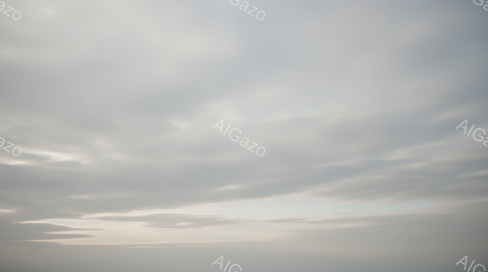 空全体が薄い雲に覆われ、地平線近くはわずかにオレンジ色の光が差し込んでいる様子が捉えられています。雲は層状に広がり、光の当たり具合によって濃淡が変化し、穏やかで静謐な雰囲気を醸し出しています。まるで絵 - AI生成フリー素材