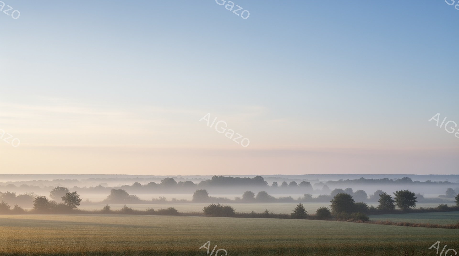 広大な緑の牧草地が、朝霧に包まれた遠くの森林地帯に向かって広がっている。空は淡いオレンジ色から青色へとグラデーションしており、穏やかな日の出を暗示している。全体的に、静寂と自然の美しさが際立つ、平和で穏やかな風景だ。