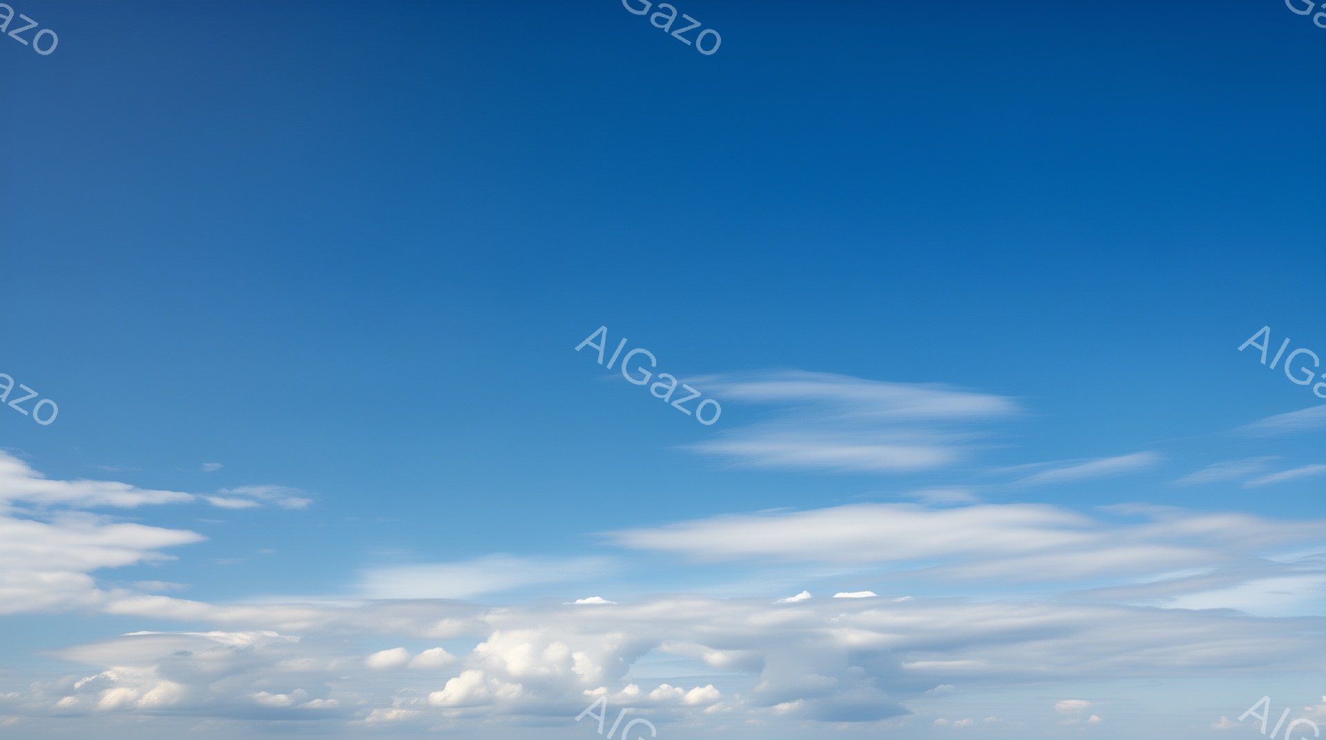 青い空に白い雲が浮かんでいます。雲は様々な形をしており、もくもくと広がり、空の青さと美しいコントラストを描いています。晴れた日の穏やかな空模様で、爽やかで開放的な印象を与えます。 - AI生成フリー素材