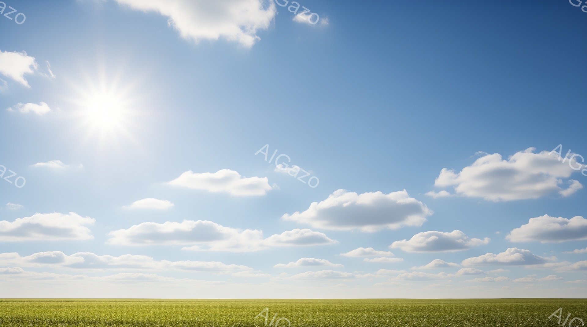 広大な緑の草原が地平線まで広がり、空には白い雲が浮かんでいる。太陽は明るく輝き、草原を照らしている。空は青く、穏やかで平和な雰囲気を醸し出している。 - AI生成フリー素材