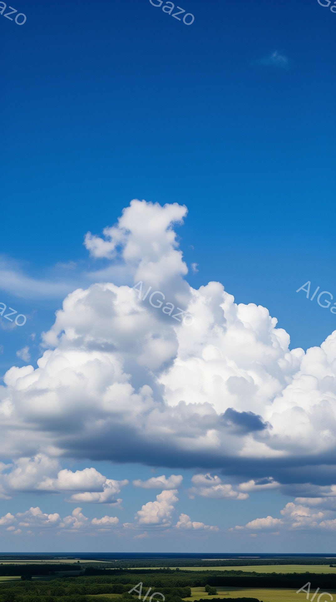 鮮やかな青空に、巨大な積乱雲がそびえ立っている。雲は白くふっくらとしており、まるで巨大な綿菓子のようだ。地平線には緑豊かな森林地帯が広がり、穏やかな夏の日の自然の風景が描かれている。