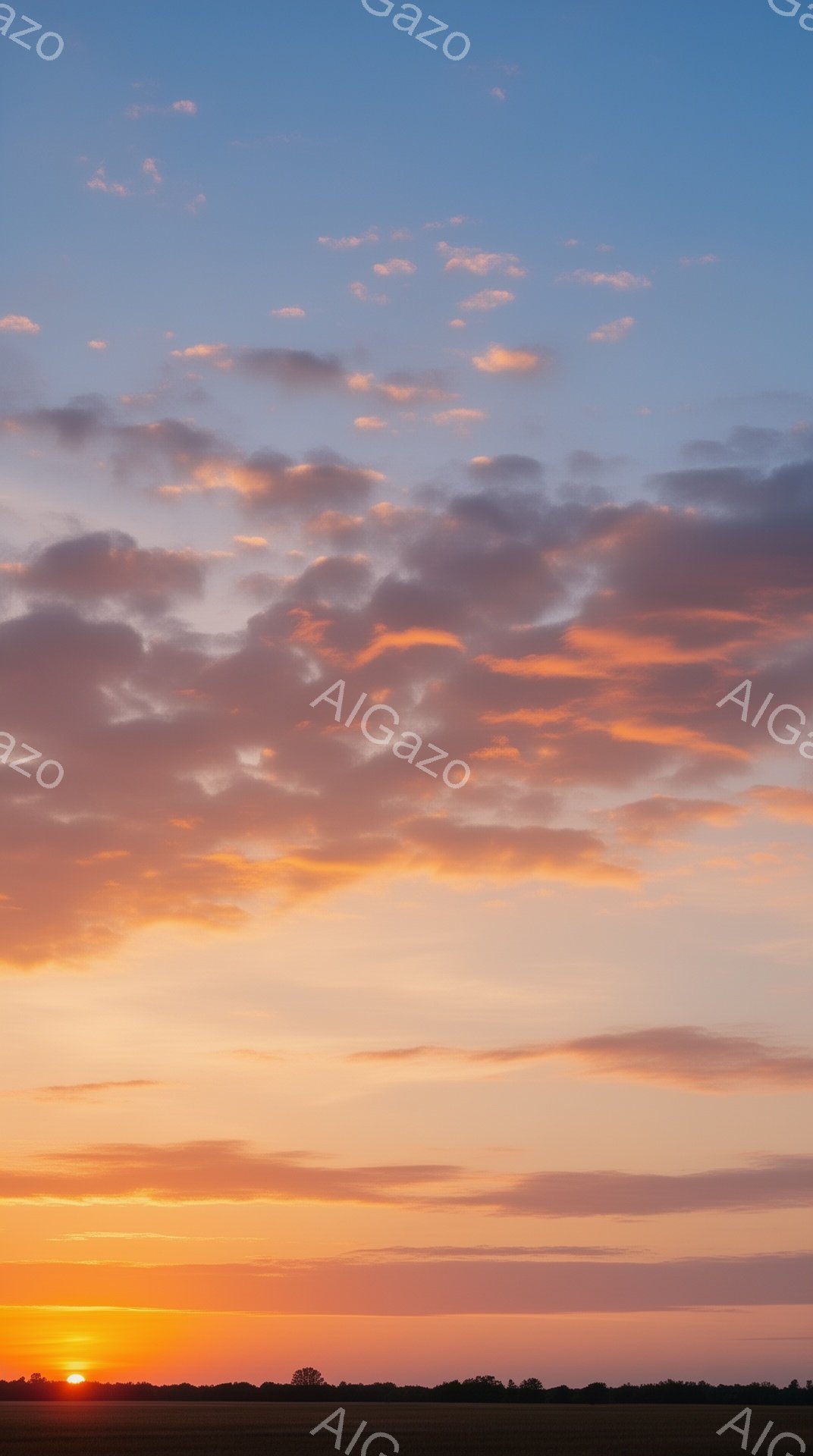 広大な空には、夕焼けの名残が燃えるようなオレンジ色とピンク色の雲が広がっている。地平線近くには暗いシルエットの木々と田園風景が続き、穏やかで静寂な雰囲気を醸し出している。太陽は地平線から昇りかけており、希望と新たな始まりを予感させる美しい光景だ。