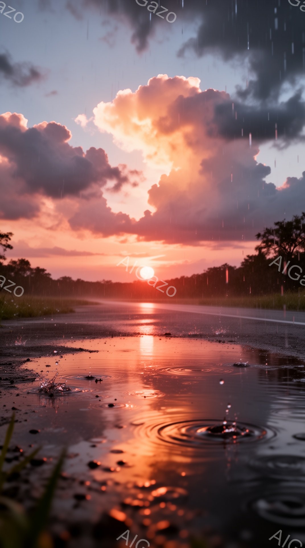 夕焼けが水面に反射し、オレンジと赤の美しいグラデーションを作り出している。雨が降りしきるアスファルトの道には水溜りができ、水滴が弾けて波紋が広がっている。背景には緑豊かな植生が広がり、ドラマチックな空が広大さを強調している。