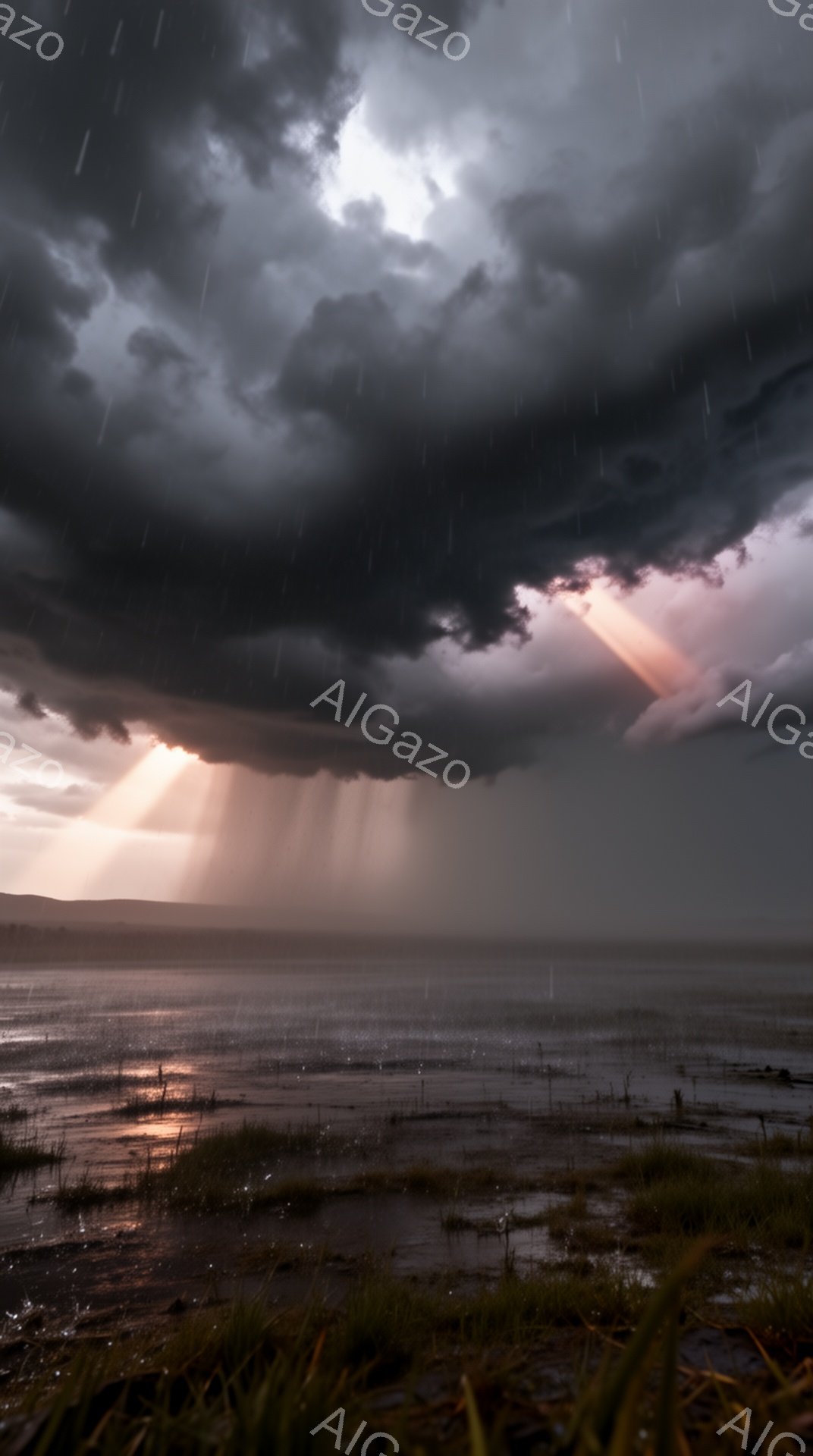 荒涼とした湿地帯が広がり、重厚な雨雲が空を覆っている。雲間から差し込む光線が、水面に反射し、ドラマチックな光景を作り出している。全体的に陰鬱で神秘的な雰囲気が漂い、自然の力強さと静寂が感じられる。