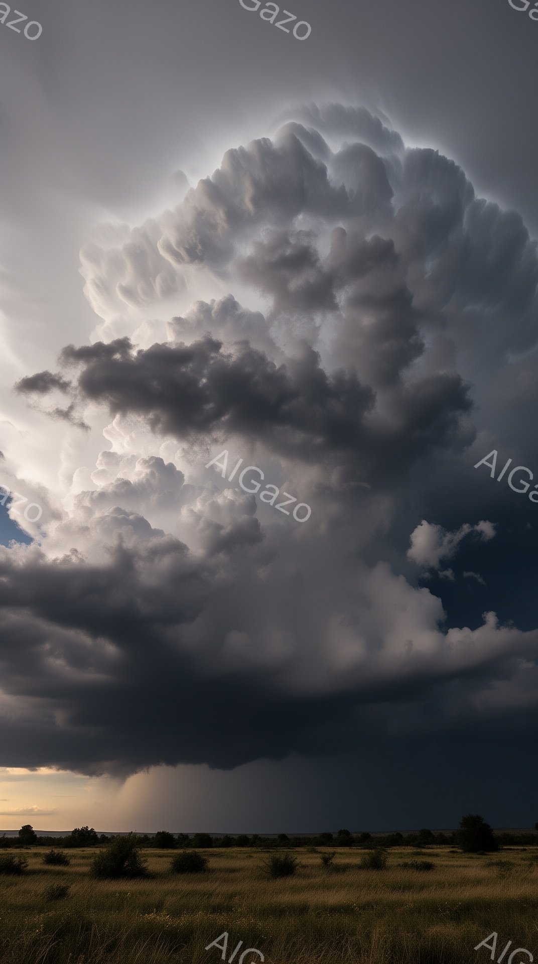 広大な草原に、巨大な積乱雲がそびえ立っている。雲は暗い影を大地に落とし、遠くには雨線が見える。夕暮れ時の空は、雲の暗さと草原の黄金色の乾燥した草のコントラストが印象的で、嵐が近づいているような重苦しい雰囲気を醸し出している。