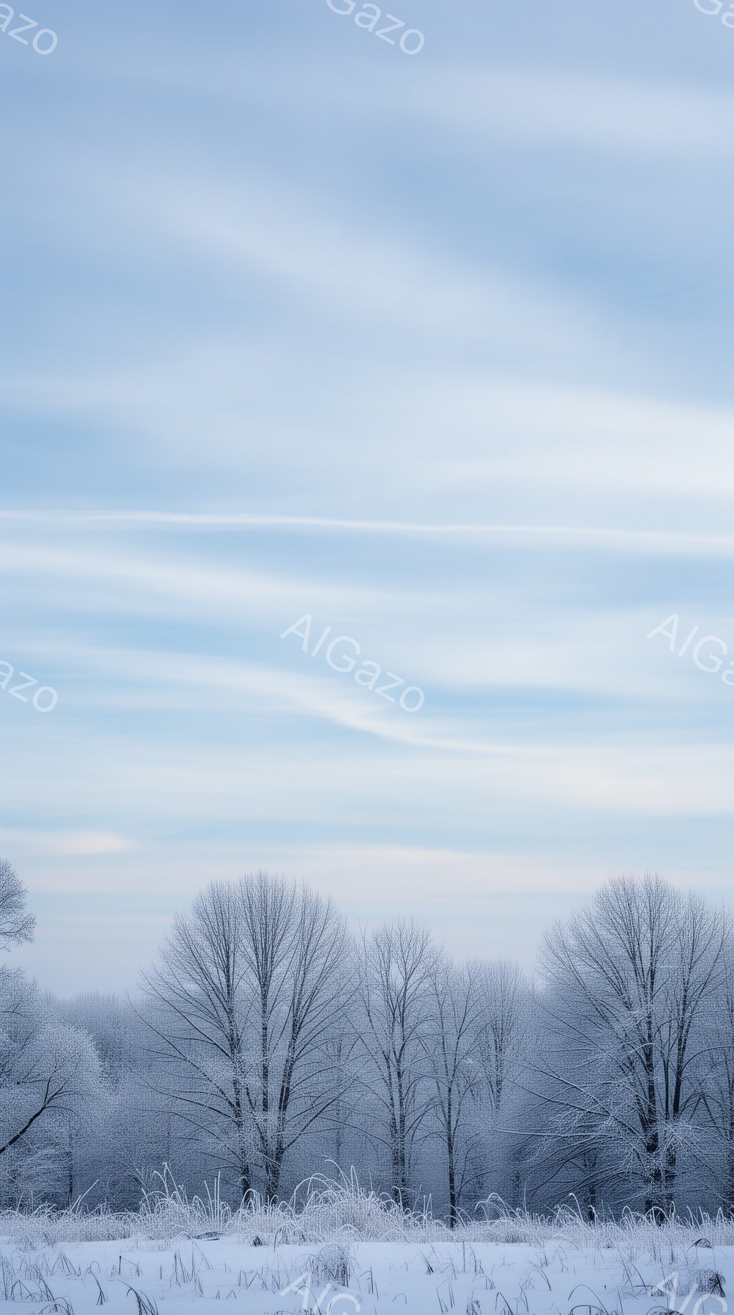 白い霜で覆われた草の野原と、それに沿って並ぶ裸木の列が印象的な風景です。空は薄いブルーと白のグラデーションで、まるで冬の朝の静けさを表しているかのようです。全体的に、静寂で冷たい、冬の自然の美しさが伝わってきます。