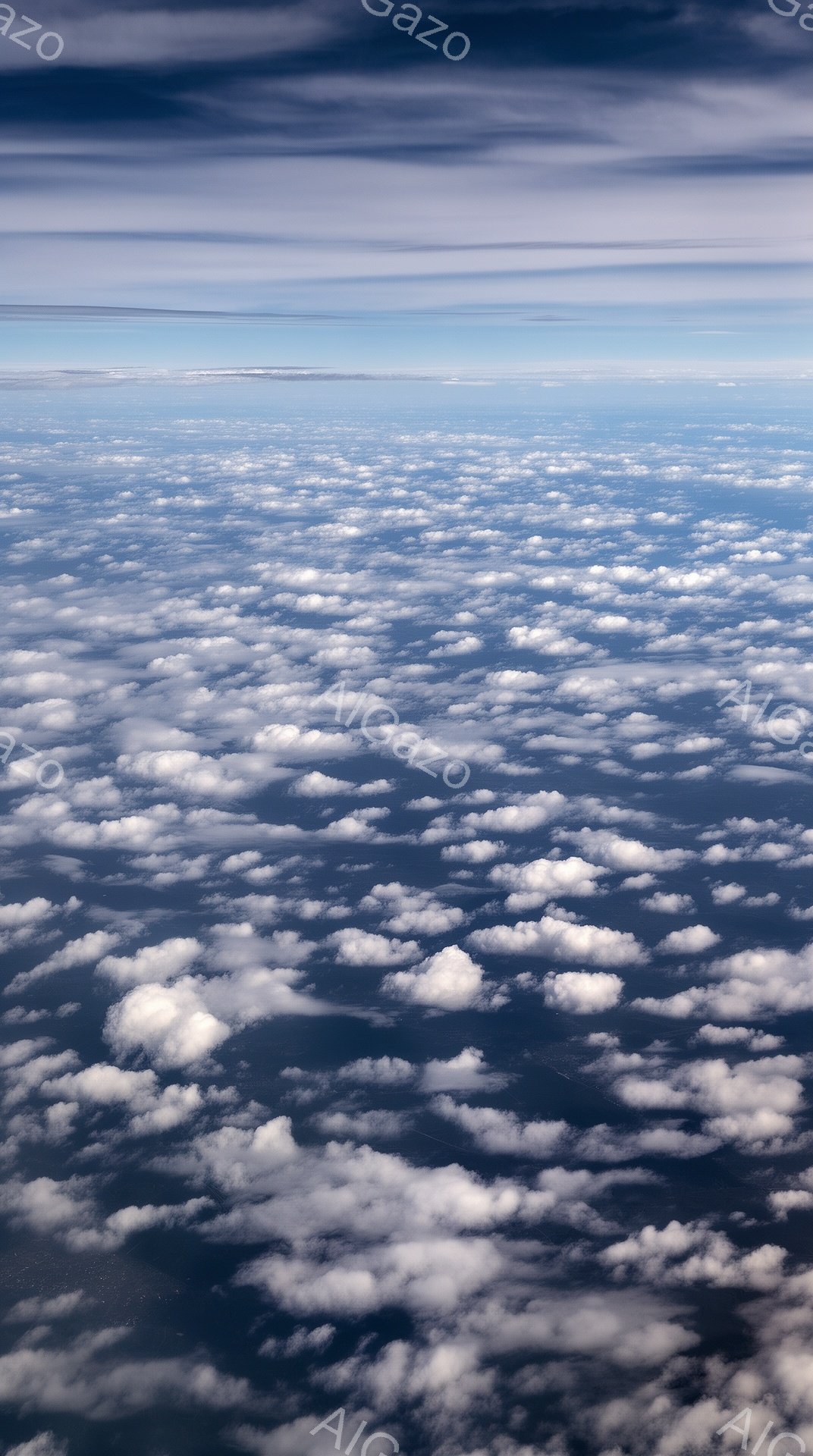 広大な雲海が広がり、まるで白い綿菓子のような雲が地平線まで連なっている。雲の下には暗い海面が見え、雲と海のコントラストが印象的である。空には薄いベールのような雲が広がり、全体的に幻想的で穏やかな雰囲気を醸し出している。
