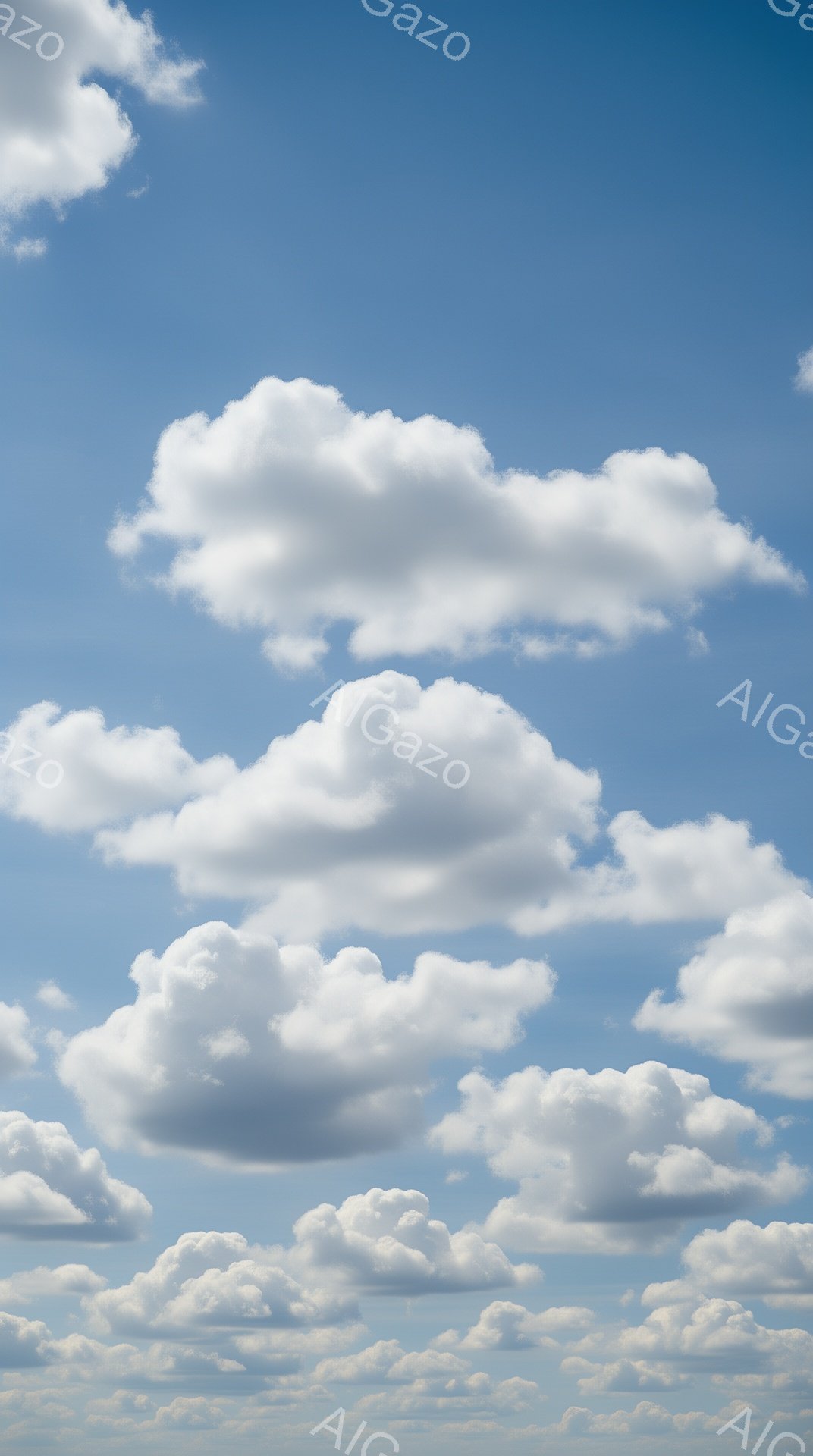 広大な青空に、ふわふわとした白い雲が浮かんでいます。雲は羊の毛のように丸みを帯び、様々な形をしており、太陽の光を浴びて明るく輝いています。穏やかで平和な雰囲気が漂う、夏の日の空の様子です。