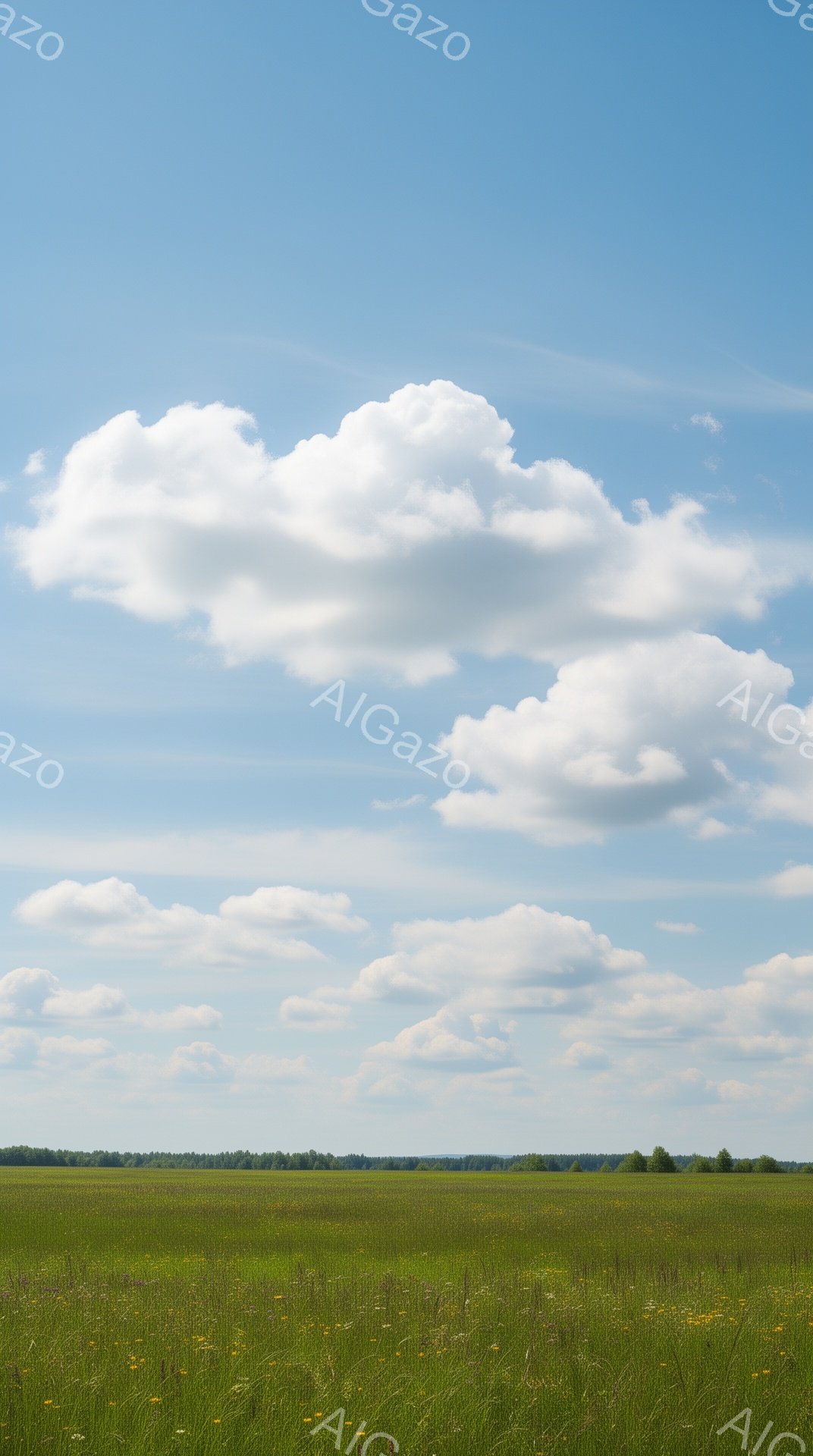 広大な緑の草原が広がり、所々に小さな黄色い花が点在している。空は明るい青色で、白いふわふわとした雲がゆっくりと流れており、のどかな田園風景が広がっている。遠くには木々の生い茂る地平線が見え、平和で穏や - AI生成フリー素材