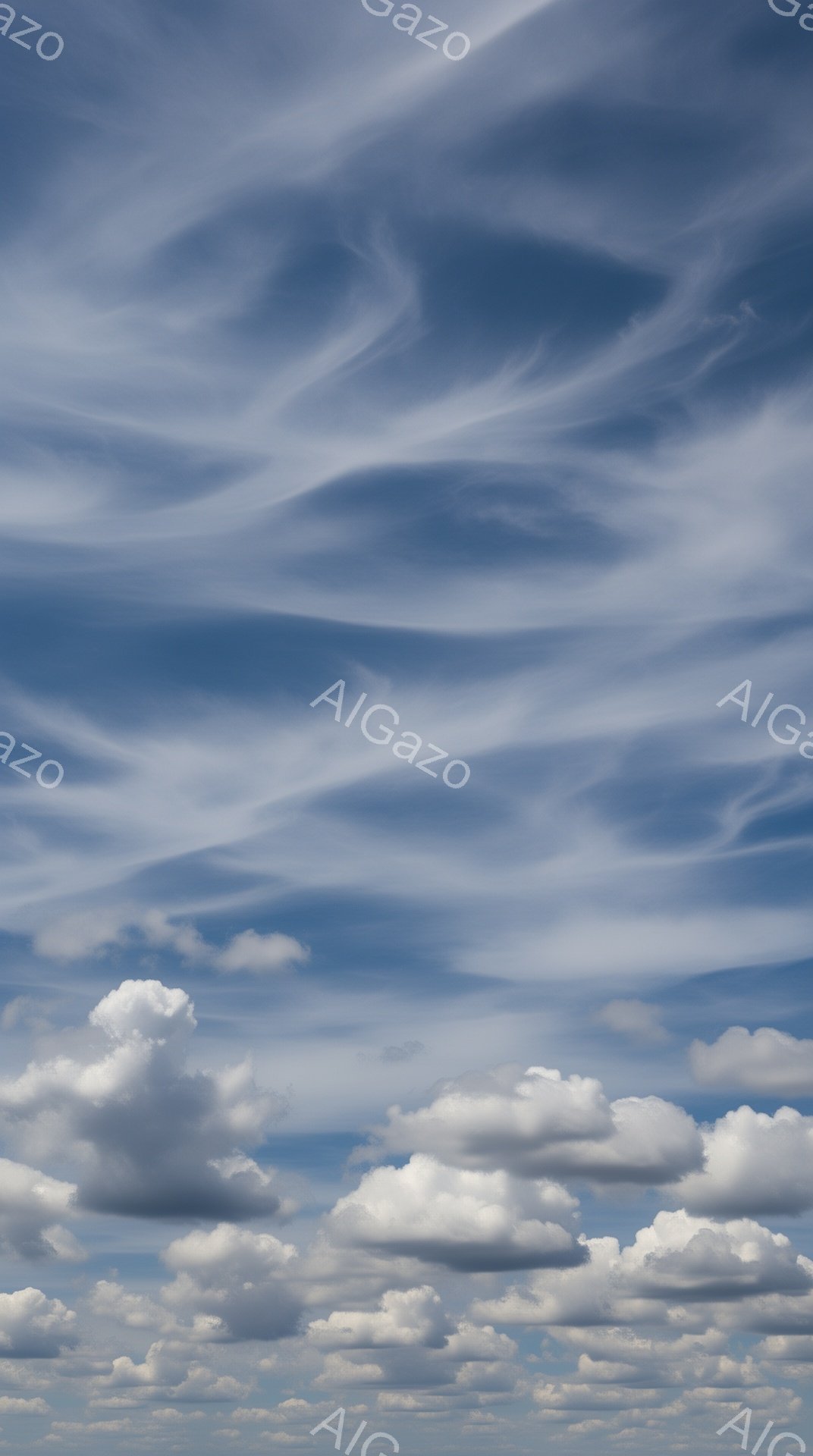 青空に、特徴的な層状の雲と、もくもくとした積雲が広がっている。上空の雲はまるで波のような模様を描き、空全体に動きを与えている。下部の積雲は白くふっくらとしており、青空とのコントラストが美しい。