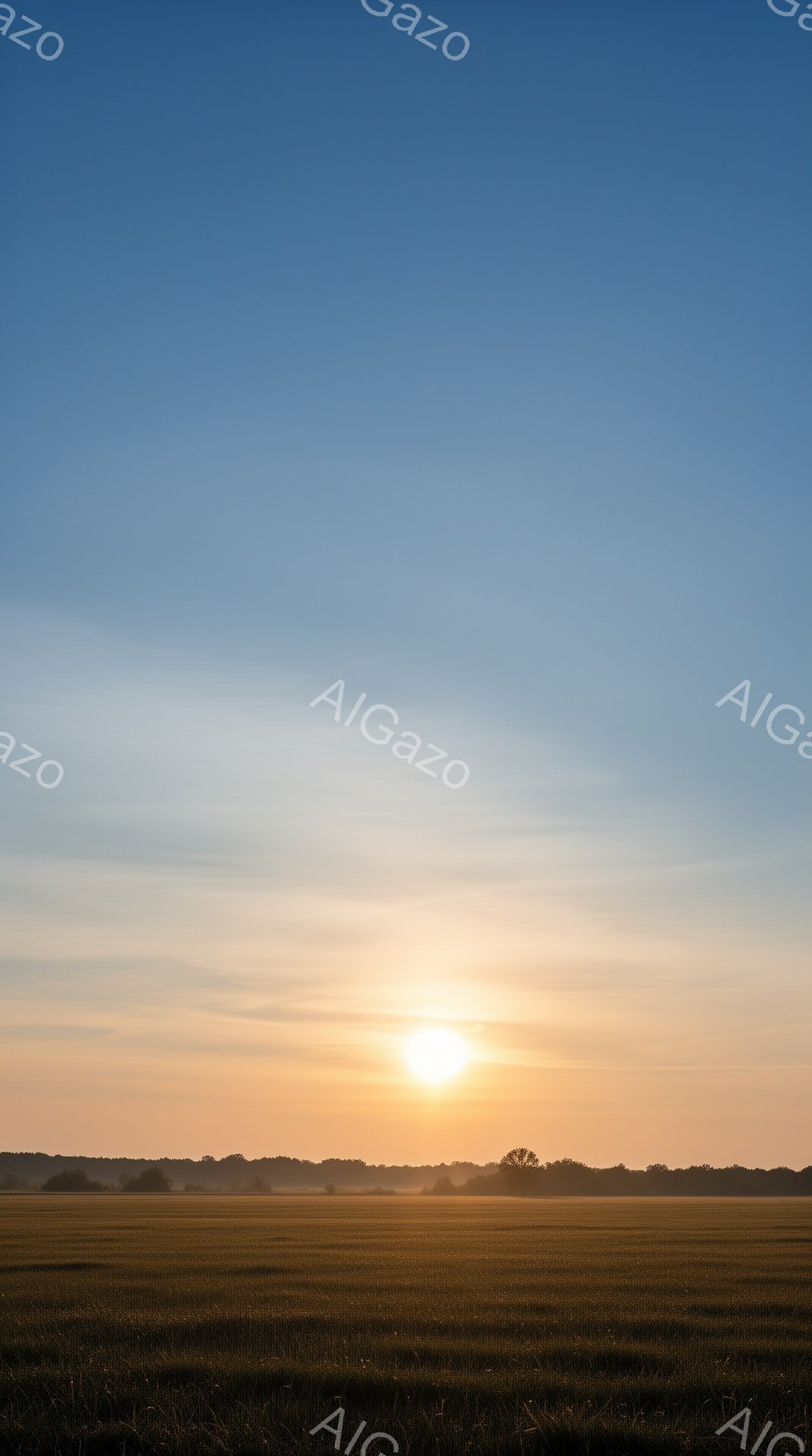 広大な麦畑が夕日に照らされ、黄金色に輝いている。地平線には遠くに見える木々のシルエットが並び、空はオレンジ色から淡い青色へとグラデーションを描いている。穏やかで静謐な雰囲気で、自然の美しさが際立っている。