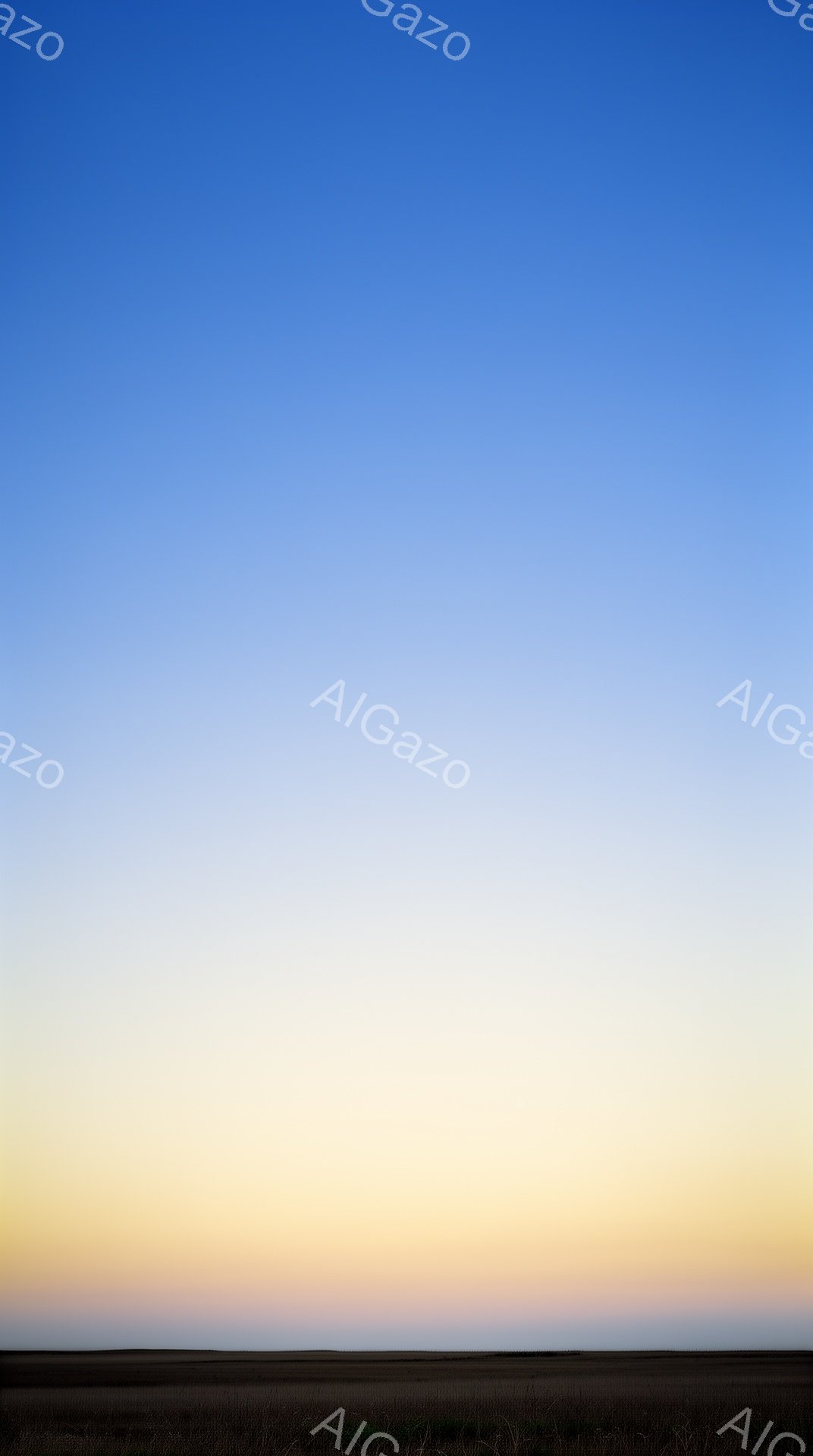 地平線に広がる広大な草原と、その上空に広がるグラデーション状の空が印象的な風景写真です。地平線付近はオレンジ色から黄色へと変化し、上空へと向かうにつれて青色へと変わっていきます。全体的に穏やかで静寂な - AI生成フリー素材