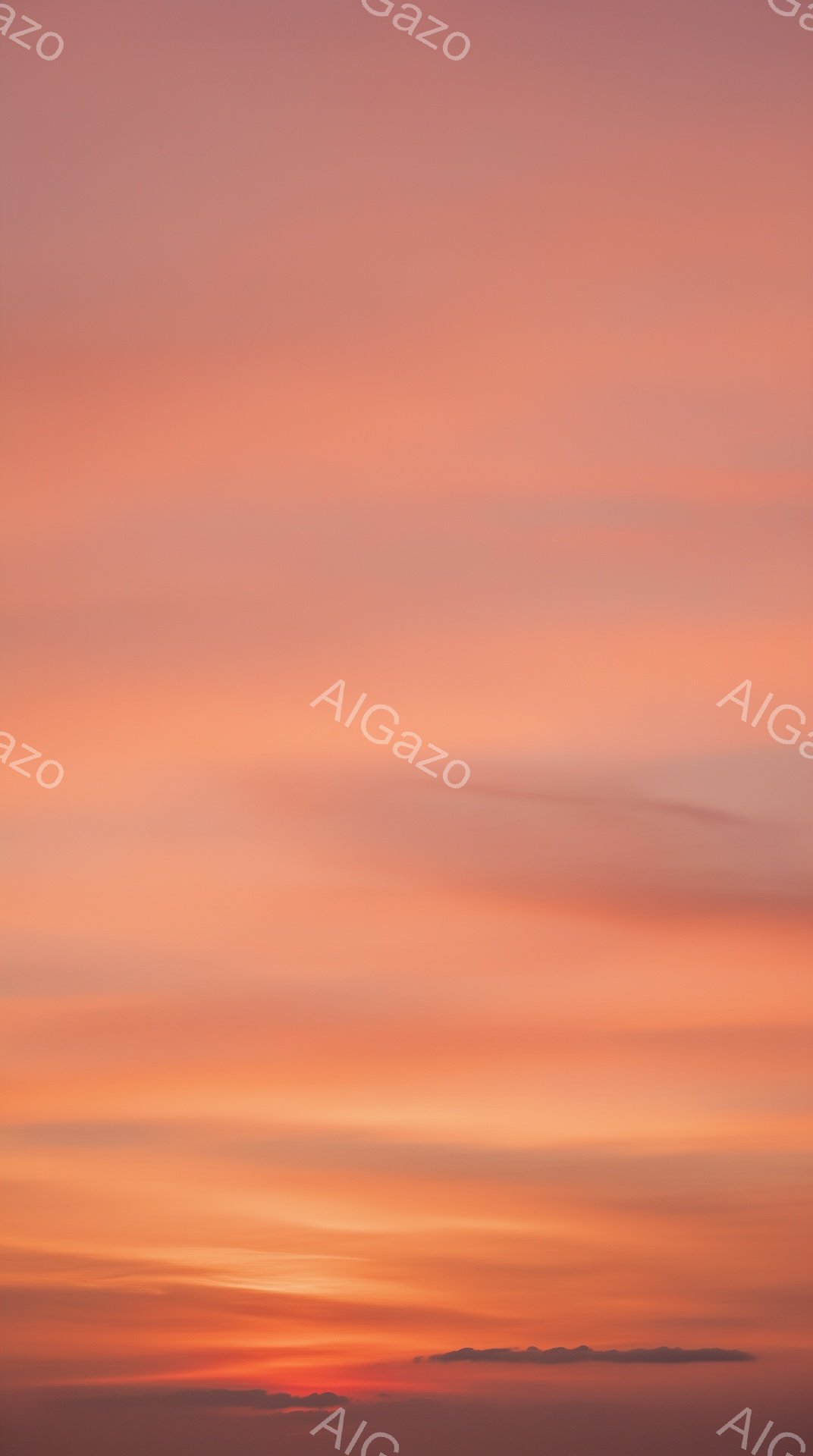 燃えるような夕焼け空が広がり、地平線にはぼんやりと山並みがシルエットで浮かび上がっている。空はオレンジ、赤、ピンクの色調が混ざり合い、まるで水彩画のようにグラデーションを描いている。雲が水平方向に広が - AI生成フリー素材
