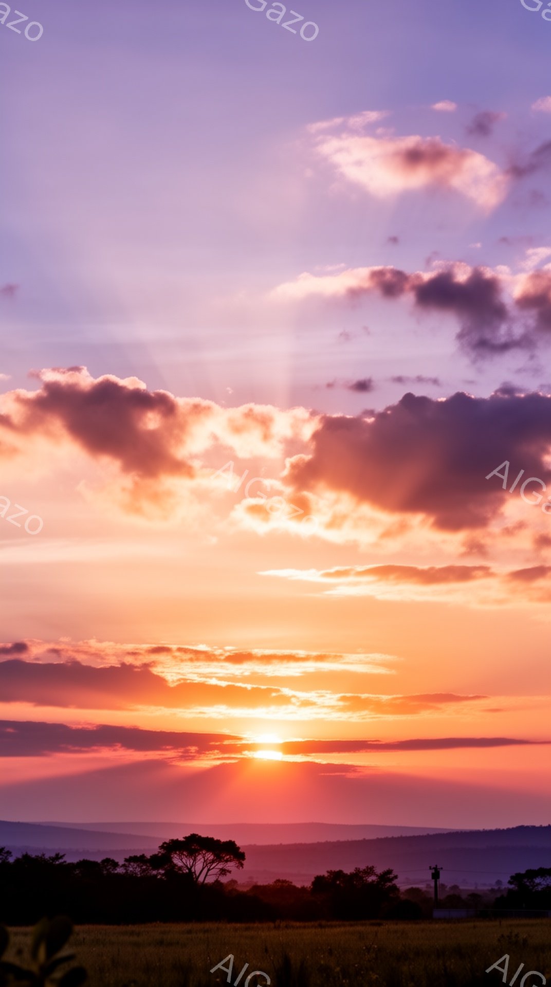 燃えるような夕焼けが広がり、空はオレンジ、ピンク、紫の色合いで染められています。地平線にはシルエット状の木々と丘陵が見え、遠くには電柱がわずかに確認できます。この風景は、暖かく、平和で、静寂な雰囲気を - AI生成フリー素材