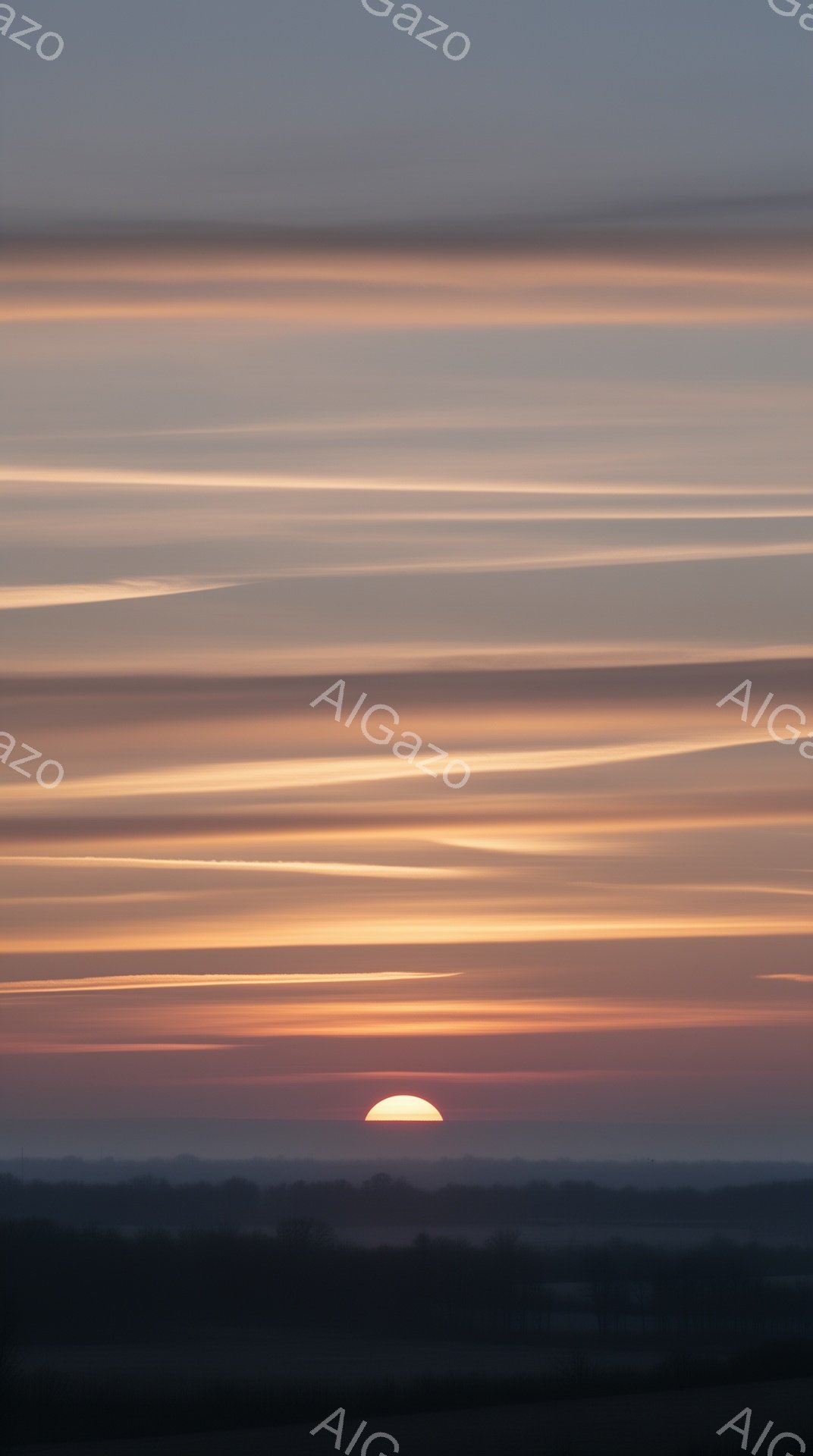 地平線から昇る太陽が、雲の層の下に半分隠れて薄明かりを放っている。空はオレンジ色と薄いピンク色、そして灰色が混ざり合い、穏やかで幻想的な雰囲気を醸し出している。地平線にはシルエットのような低い木々や建物が見え、遠近感を与えている。