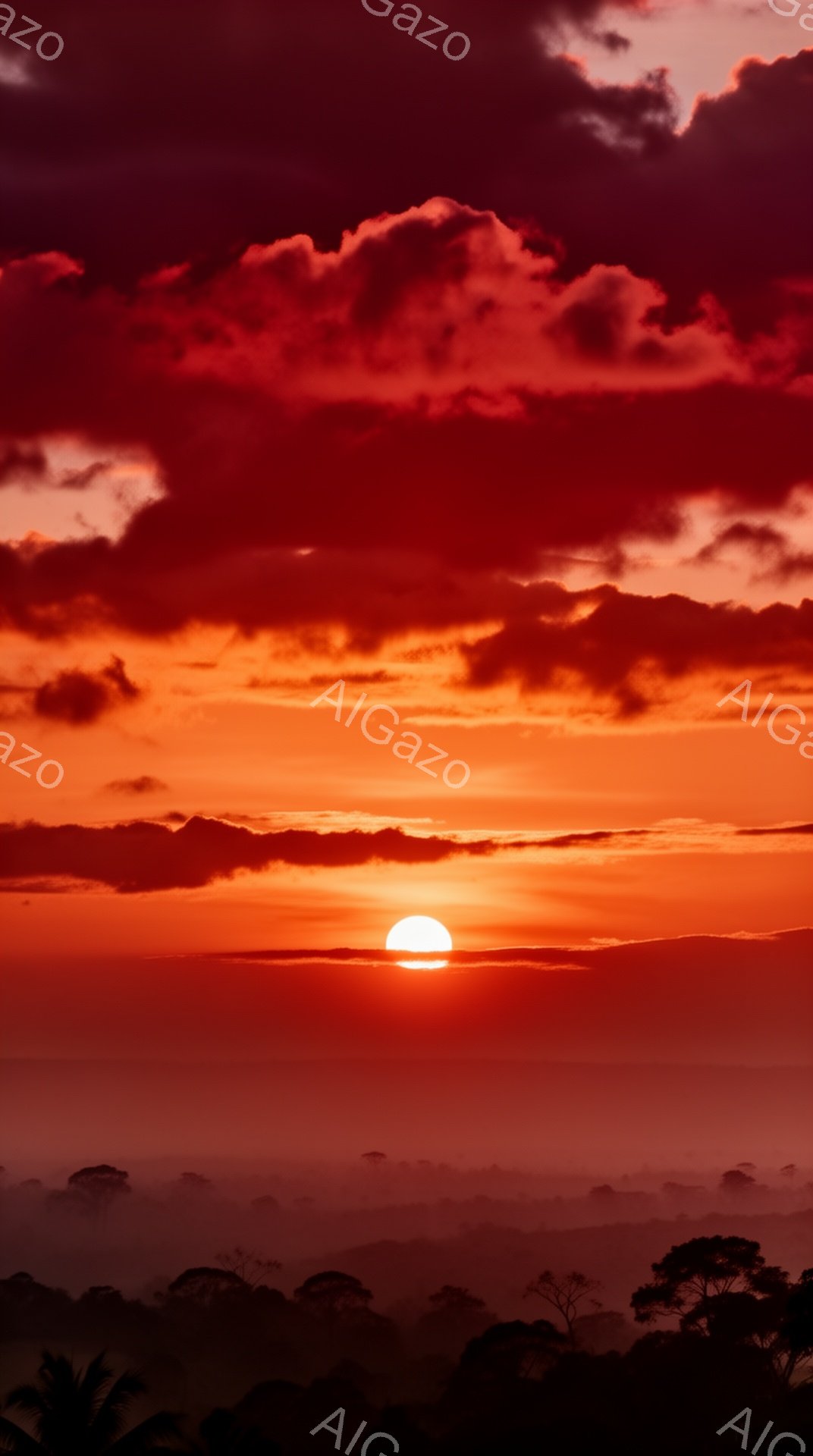 深紅色の夕焼けが、暗い森林のシルエットを照らし出している。太陽は光り輝き、その周りを燃えるような雲が囲んでいる。下方の森林は霧に包まれ、神秘的で壮大な雰囲気を醸し出している。